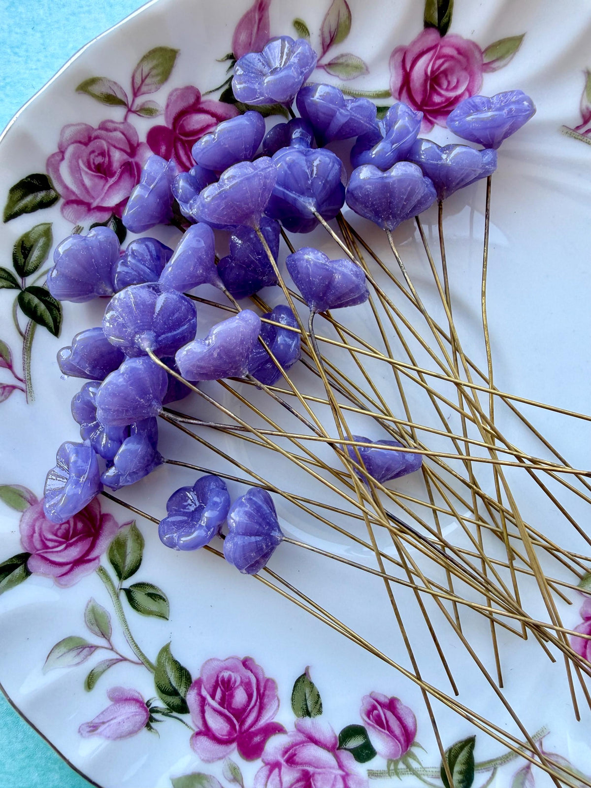 25 Lunar Lilac Glass Flower Headpins on Raw Brass Wire, Vintage-Inspired Floral Jewelry Findings, Wired Flowers for Crafts