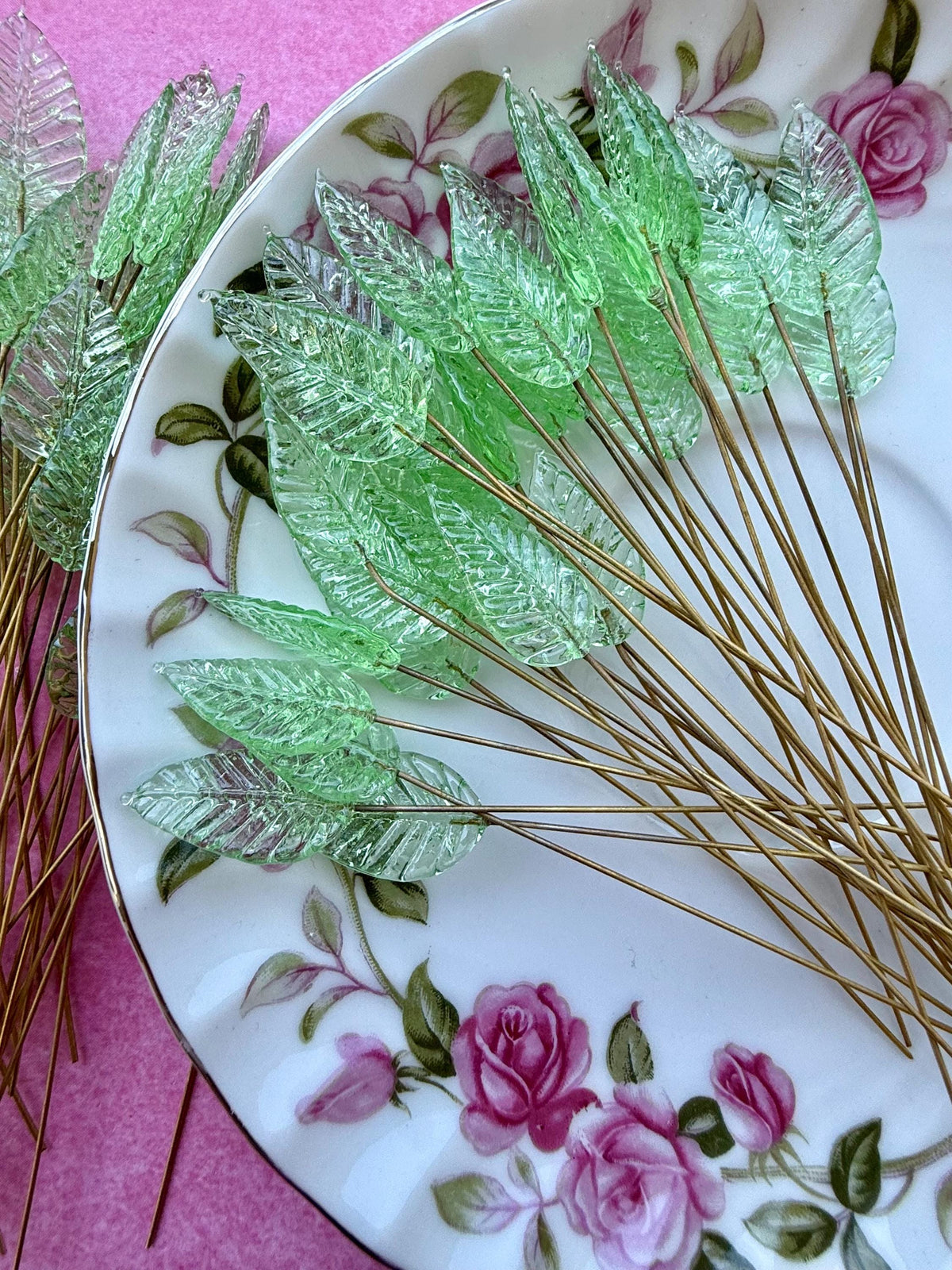 25 Fairy Glow Green Glass Leaf Headpins on Raw Brass Wire, Vintage-Inspired Floral Jewelry Findings, Wired Flowers for Crafts