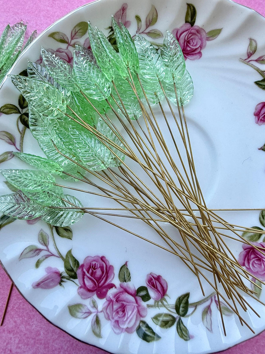 25 Fairy Glow Green Glass Leaf Headpins on Raw Brass Wire, Vintage-Inspired Floral Jewelry Findings, Wired Flowers for Crafts