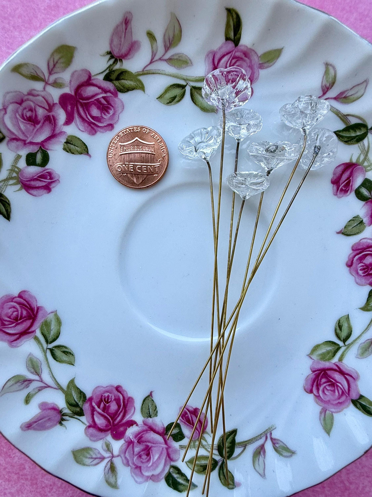 25 Starlit Ice Clear Glass Flower Headpins on Raw Brass Wire, Vintage-Inspired Floral Jewelry Findings, Wired Leaves for Crafts