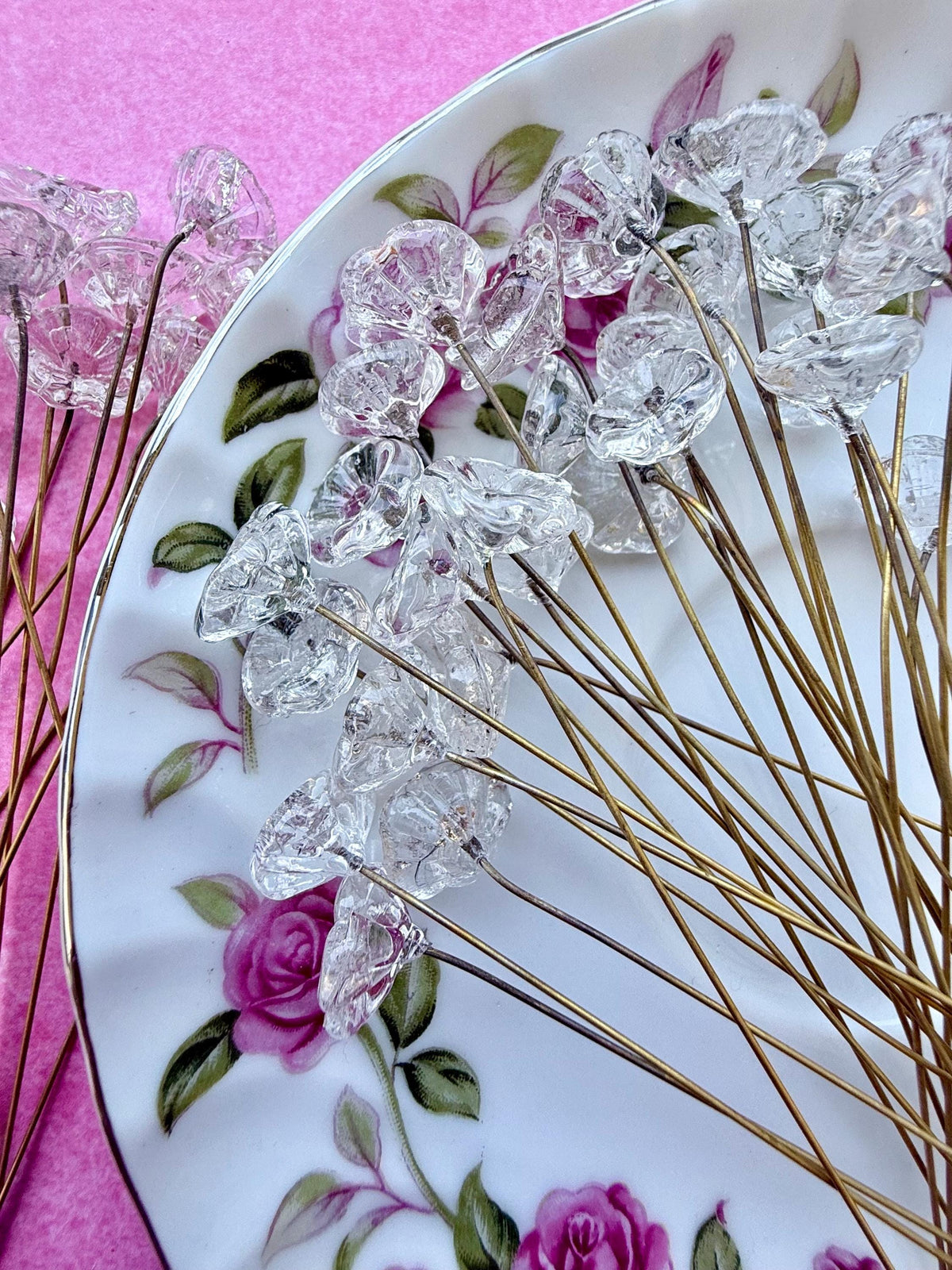 25 Starlit Ice Clear Glass Flower Headpins on Raw Brass Wire, Vintage-Inspired Floral Jewelry Findings, Wired Leaves for Crafts