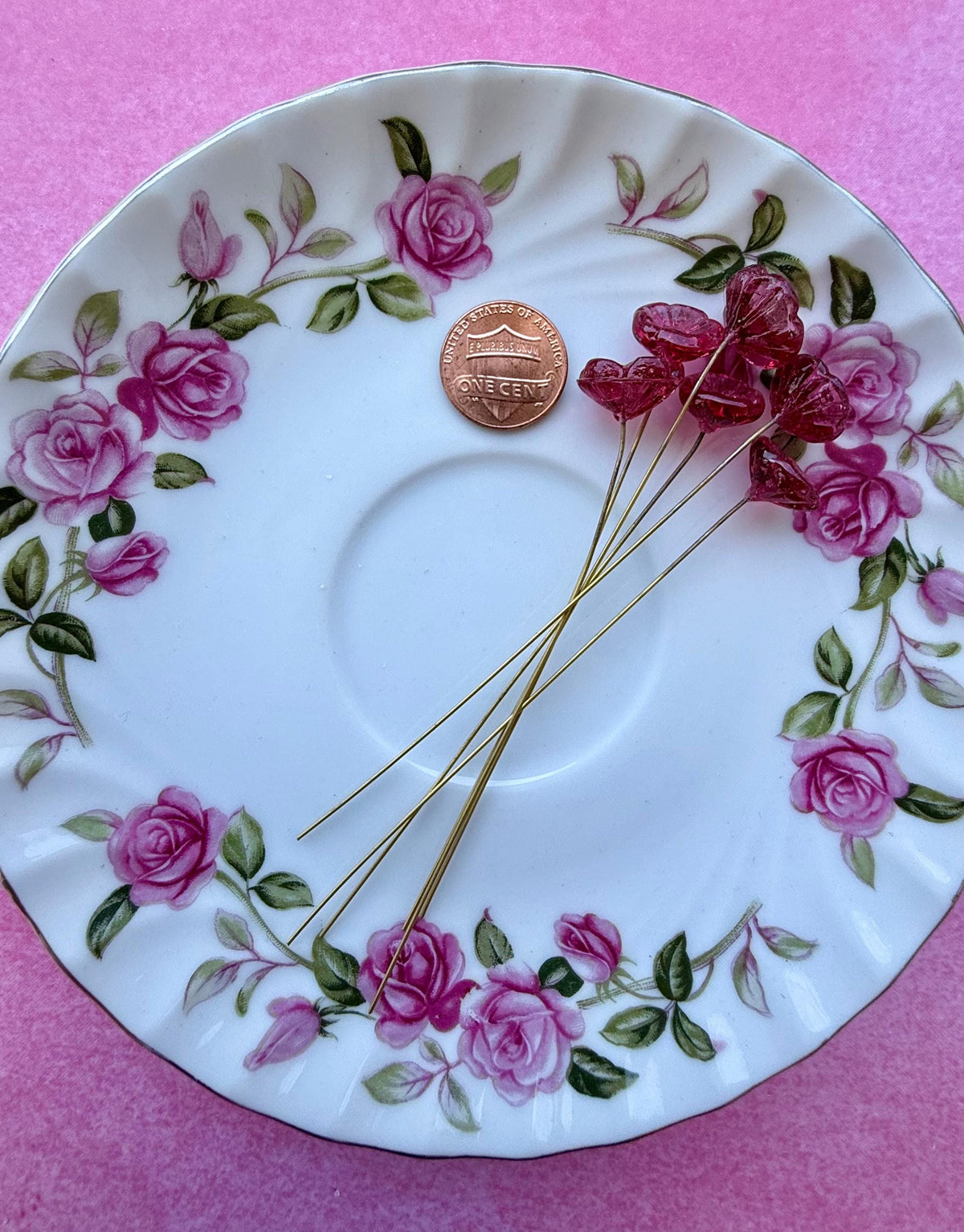 25 Raspberry Rose Glass Flower Headpins on Raw Brass Wire, Vintage-Inspired Floral Jewelry Findings, Wired Leaves for Crafts