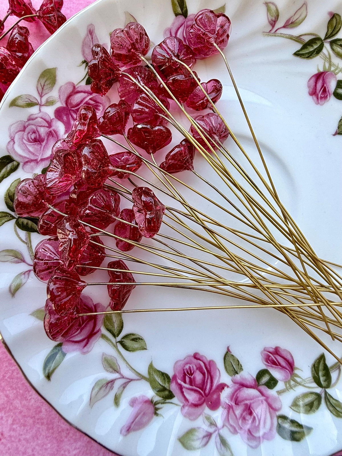 25 Raspberry Rose Glass Flower Headpins on Raw Brass Wire, Vintage-Inspired Floral Jewelry Findings, Wired Leaves for Crafts