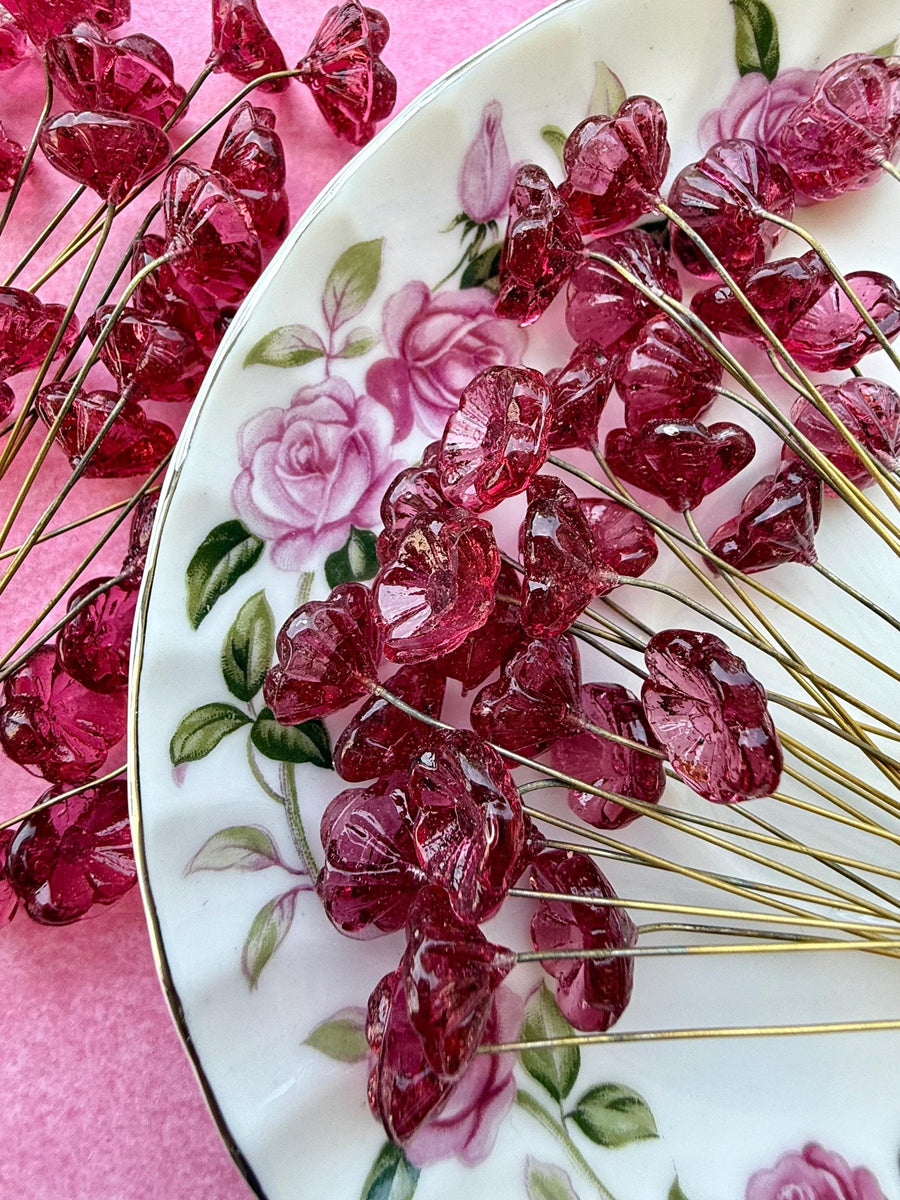 25 Raspberry Rose Glass Flower Headpins on Raw Brass Wire, Vintage-Inspired Floral Jewelry Findings, Wired Leaves for Crafts