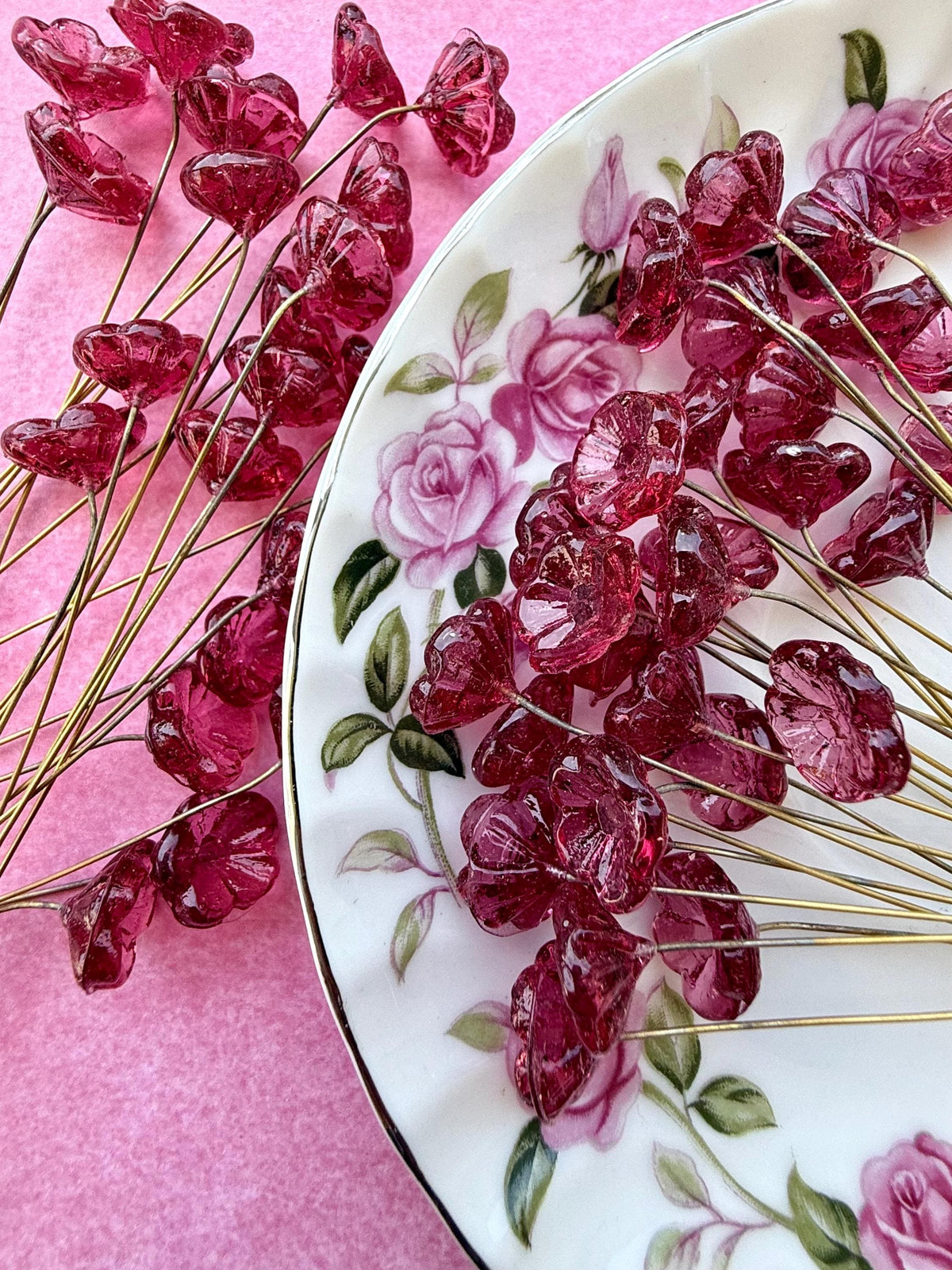 25 Raspberry Rose Glass Flower Headpins on Raw Brass Wire, Vintage-Inspired Floral Jewelry Findings, Wired Leaves for Crafts