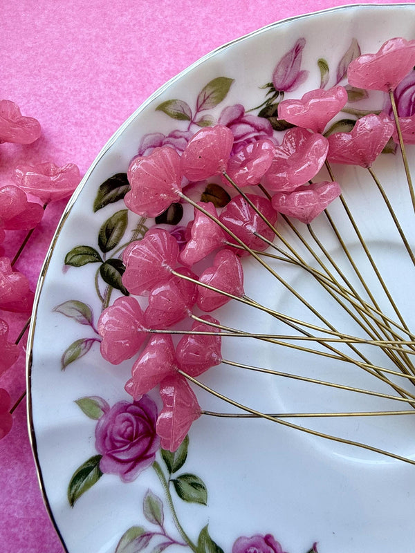 25 Plasma Pink Glass Flower Headpins on Raw Brass Wire, Vintage-Inspired Floral Jewelry Findings, Wired Leaves for Crafts