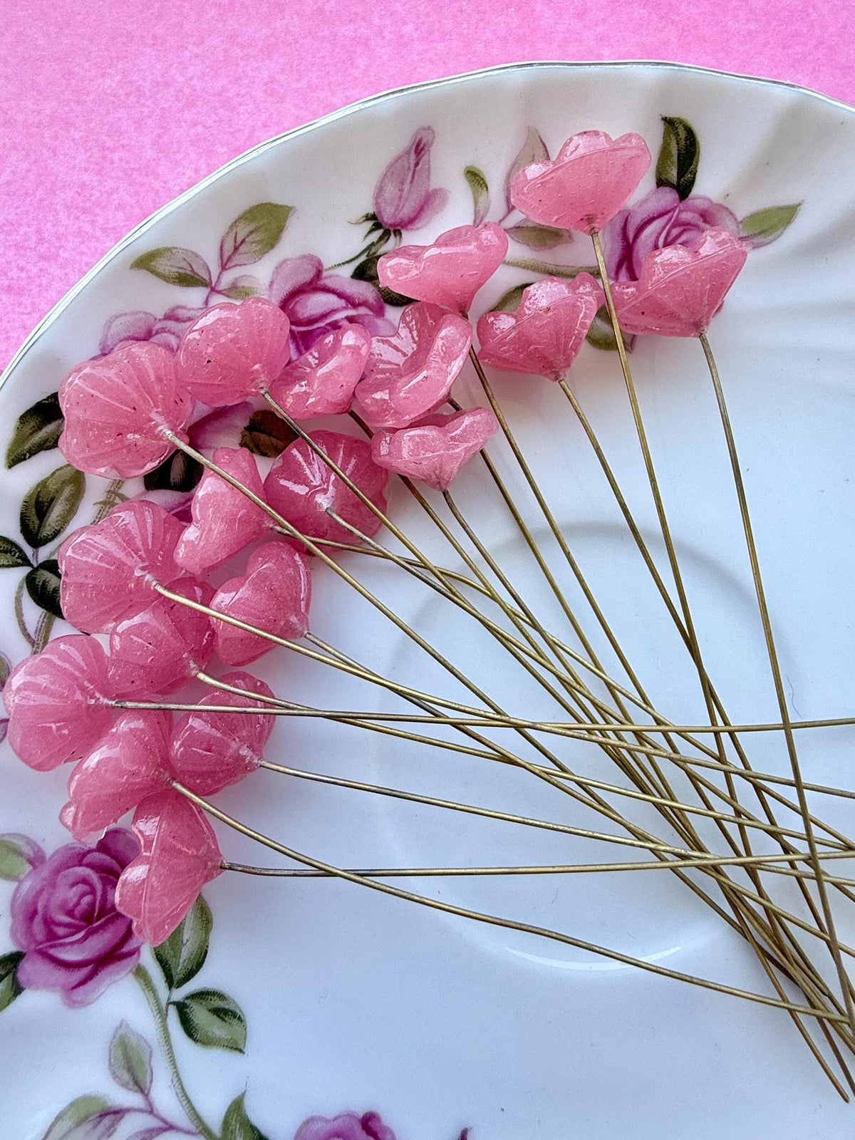 25 Plasma Pink Glass Flower Headpins on Raw Brass Wire, Vintage-Inspired Floral Jewelry Findings, Wired Leaves for Crafts