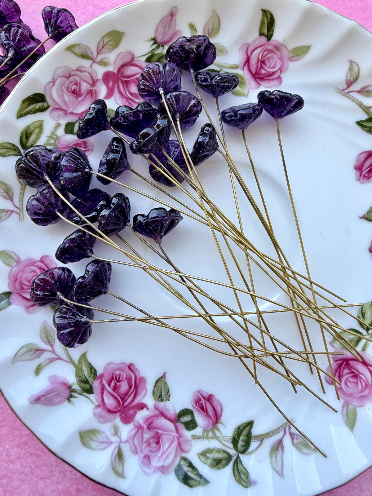 25 Purple Nebula Glass Flower Headpins on Raw Brass Wire, Vintage-Inspired Floral Jewelry Findings, Wired Leaves for Crafts