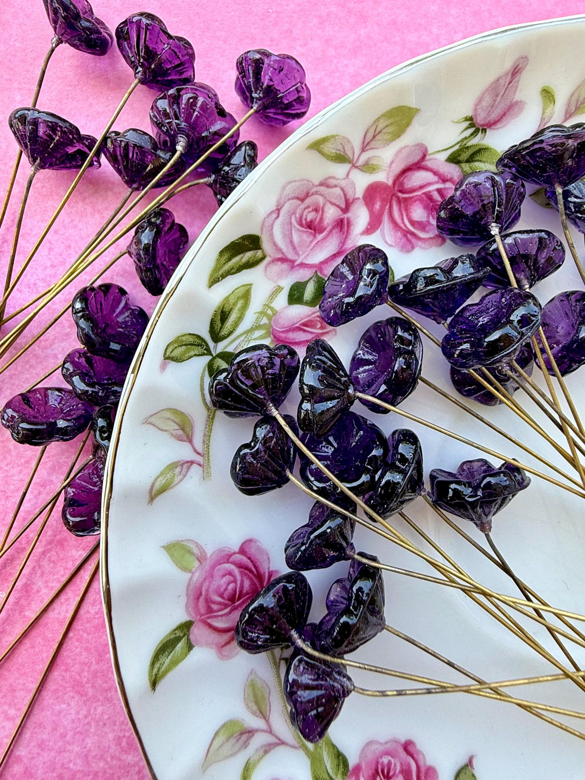 25 Purple Nebula Glass Flower Headpins on Raw Brass Wire, Vintage-Inspired Floral Jewelry Findings, Wired Leaves for Crafts
