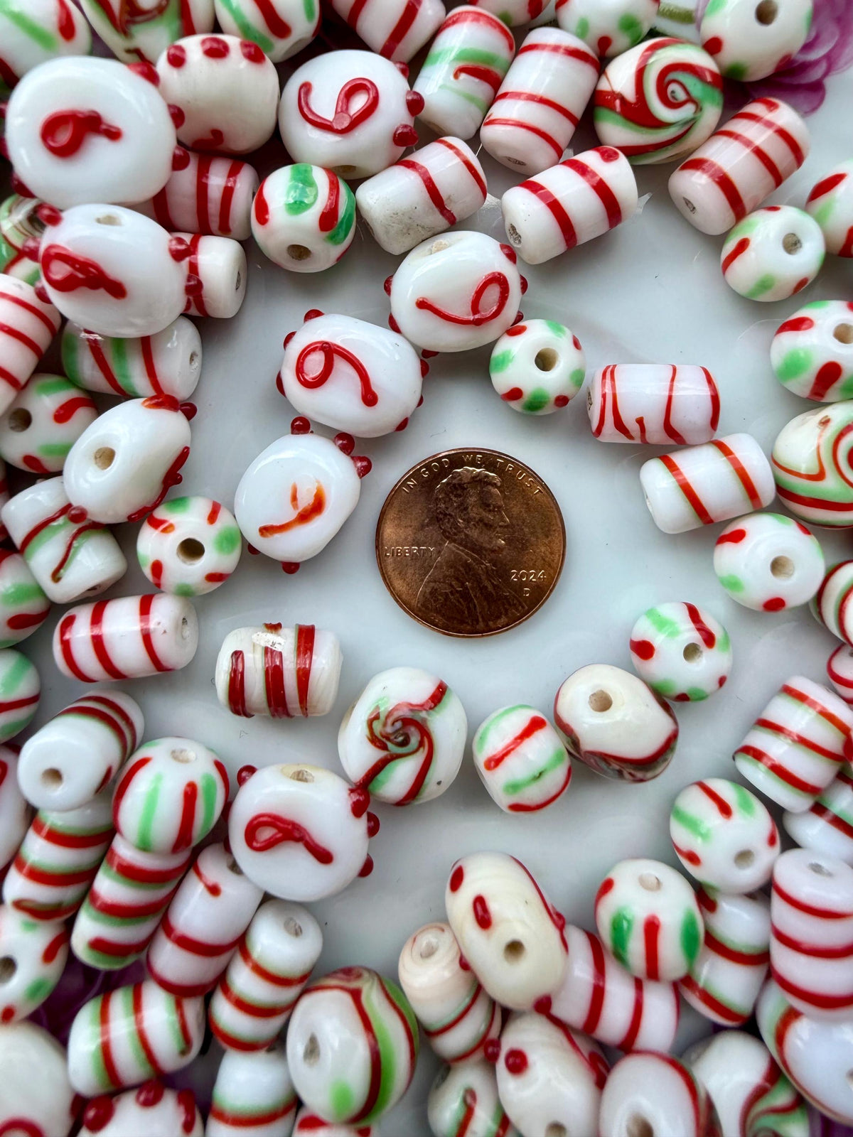 1/2 lb Peppermint Christmas Lampwork Bead Mix – Red, Green & White Glass Bead Soup