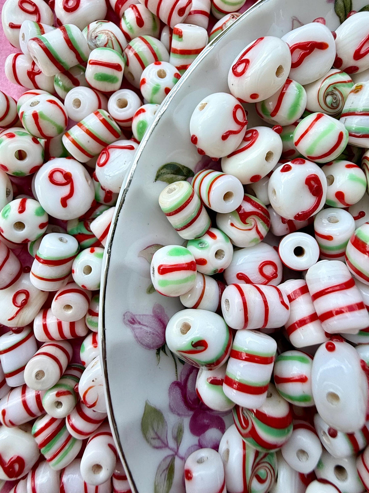 1/2 lb Peppermint Christmas Lampwork Bead Mix – Red, Green & White Glass Bead Soup