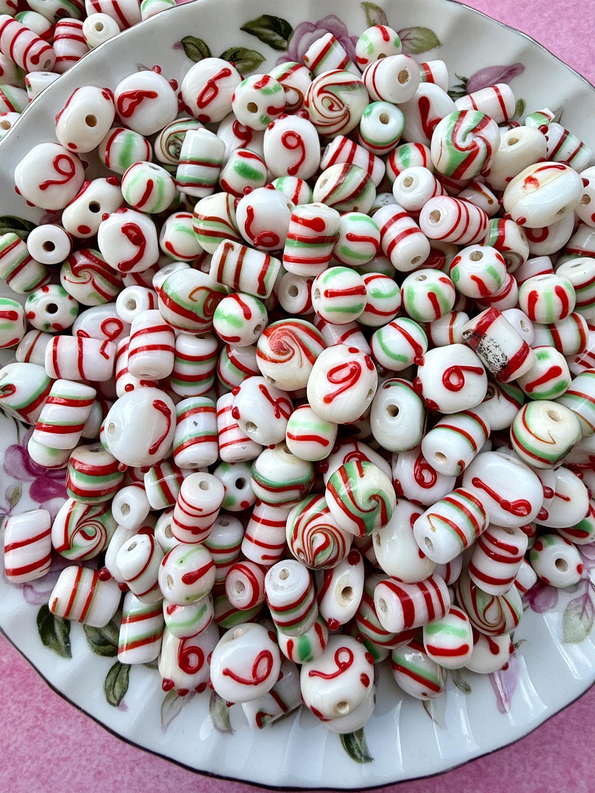 1/2 lb Peppermint Christmas Lampwork Bead Mix – Red, Green & White Glass Bead Soup