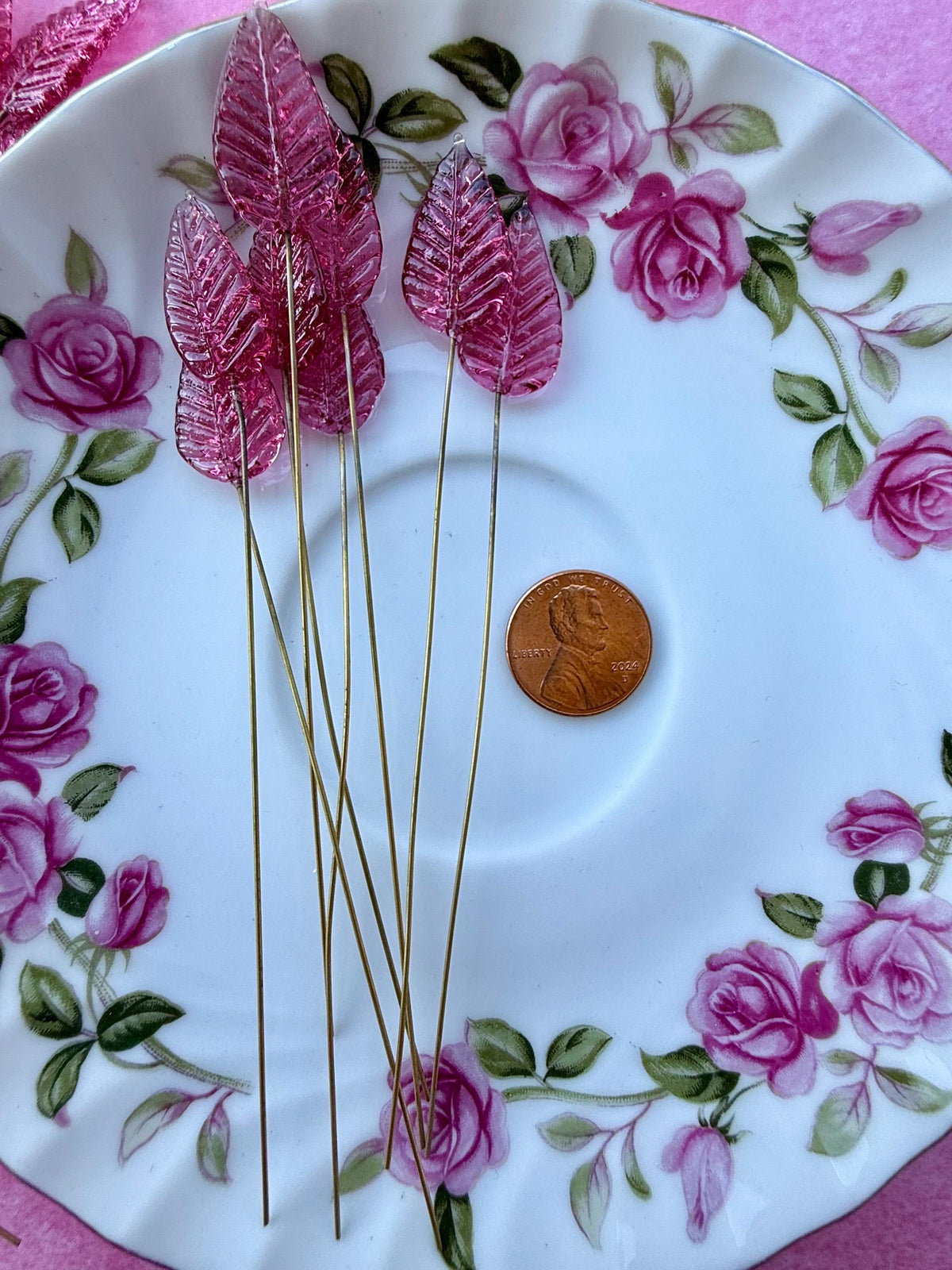 25 Raspberry Rose Glass Leaf Headpins on Raw Brass Wire, Vintage-Inspired Floral Jewelry Findings, Wired Leaves for Crafts