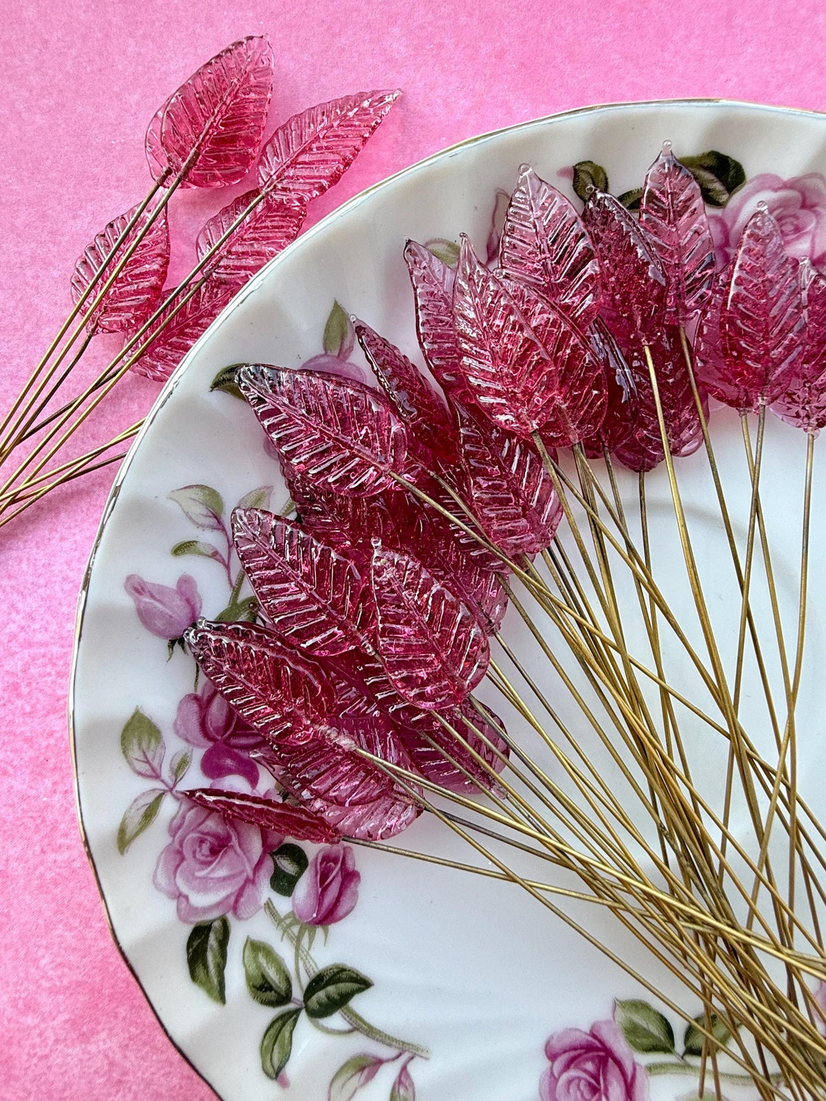 25 Raspberry Rose Glass Leaf Headpins on Raw Brass Wire, Vintage-Inspired Floral Jewelry Findings, Wired Leaves for Crafts
