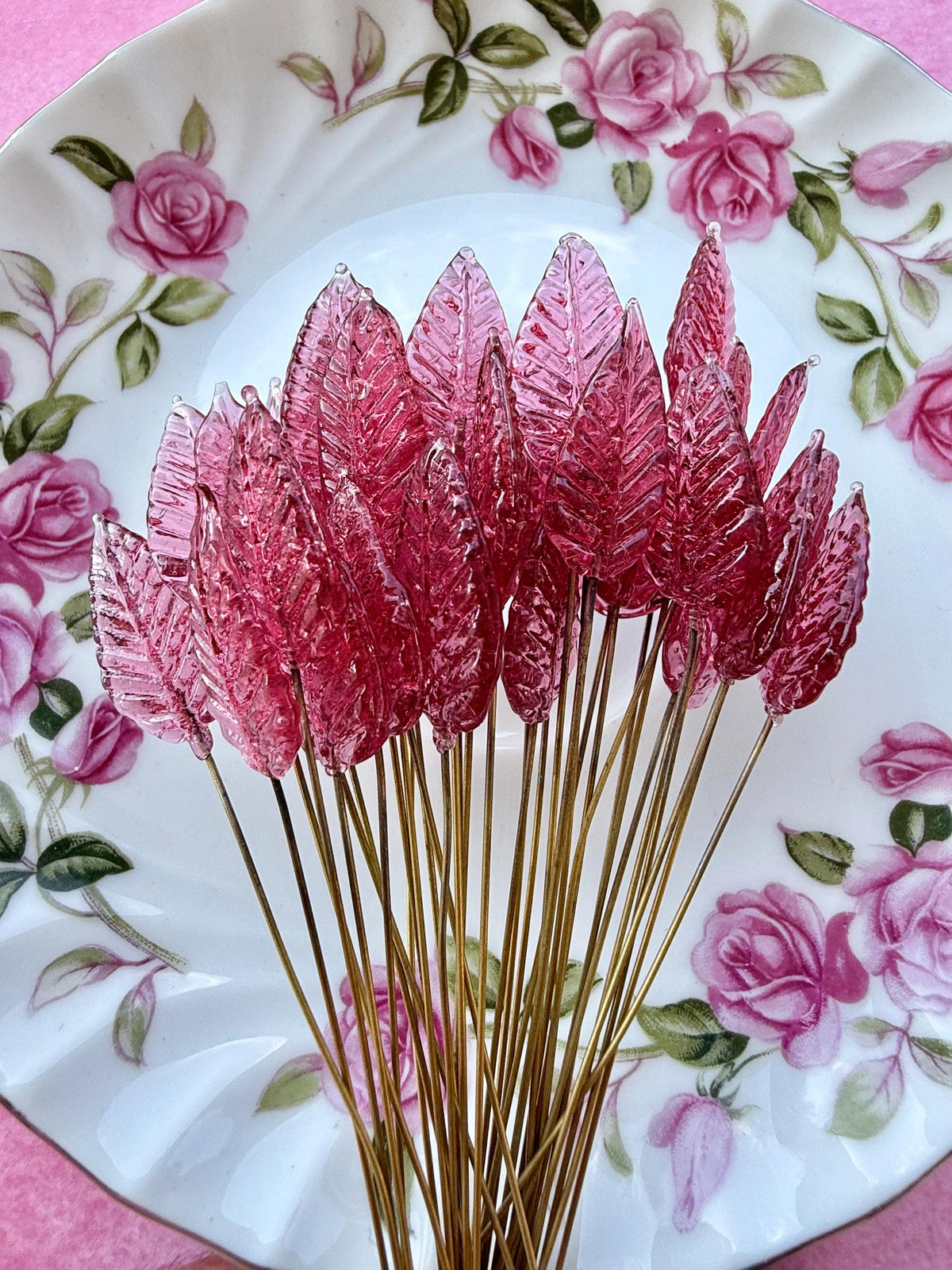 25 Raspberry Rose Glass Leaf Headpins on Raw Brass Wire, Vintage-Inspired Floral Jewelry Findings, Wired Leaves for Crafts