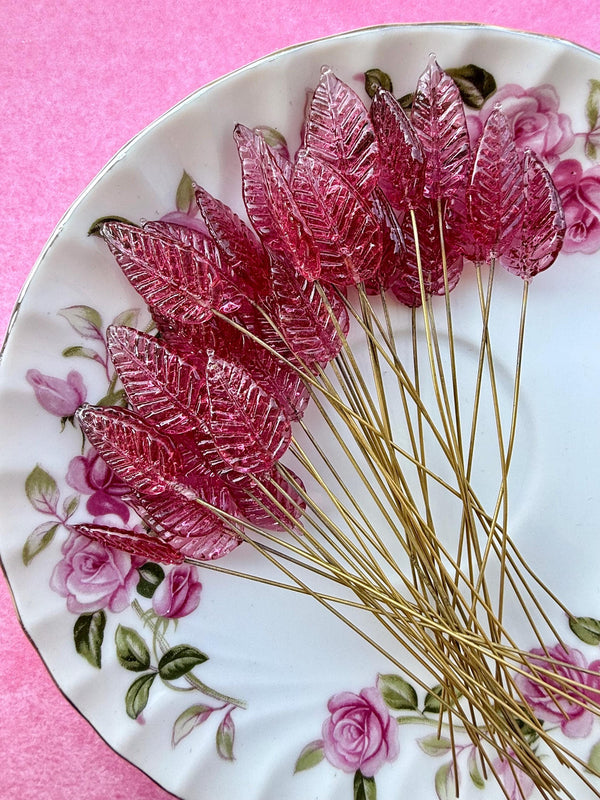 25 Raspberry Rose Glass Leaf Headpins on Raw Brass Wire, Vintage-Inspired Floral Jewelry Findings, Wired Leaves for Crafts