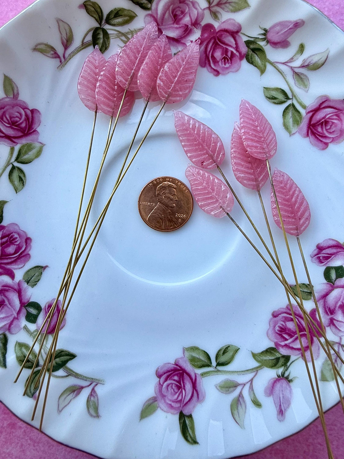 25 Plasma Pink Glass Leaf Headpins on Raw Brass Wire, Vintage-Inspired Floral Jewelry Findings, Wired Leaves for Crafts