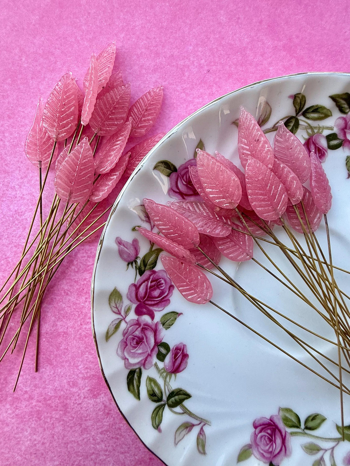 25 Plasma Pink Glass Leaf Headpins on Raw Brass Wire, Vintage-Inspired Floral Jewelry Findings, Wired Leaves for Crafts