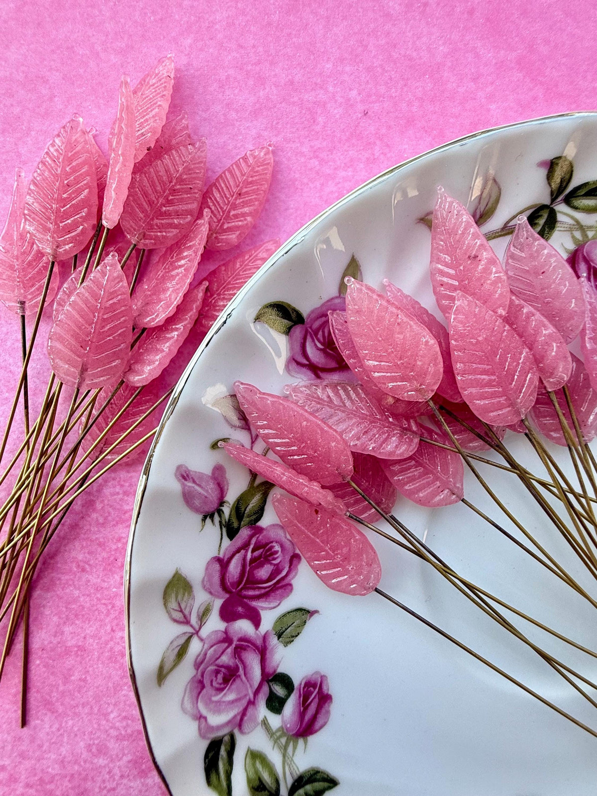 25 Plasma Pink Glass Leaf Headpins on Raw Brass Wire, Vintage-Inspired Floral Jewelry Findings, Wired Leaves for Crafts