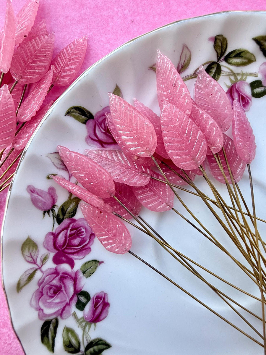 25 Plasma Pink Glass Leaf Headpins on Raw Brass Wire, Vintage-Inspired Floral Jewelry Findings, Wired Leaves for Crafts