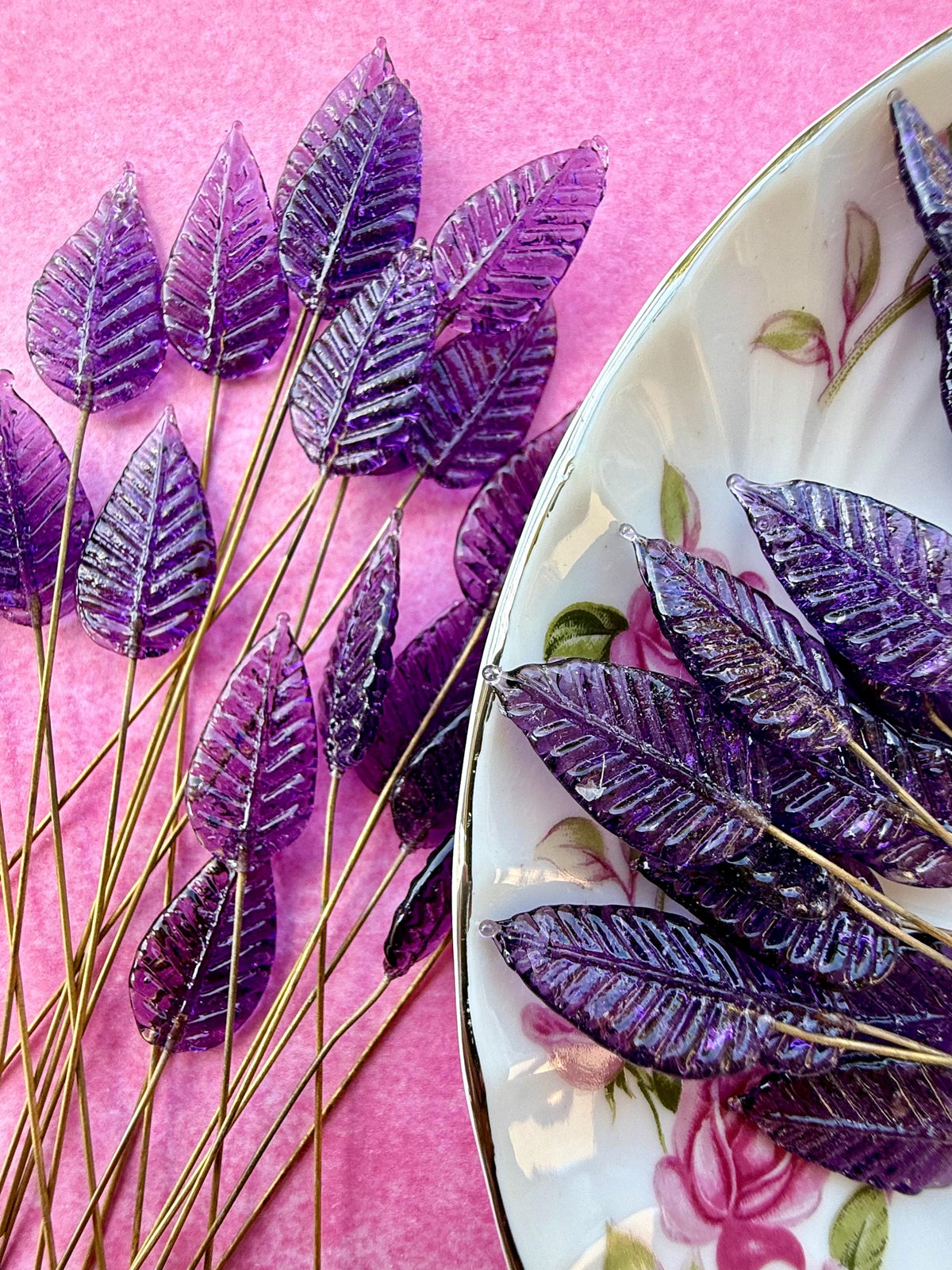 25 Purple Nebula Glass Leaf Headpins on Raw Brass Wire, Vintage-Inspired Floral Jewelry Findings, Wired Leaves for Crafts
