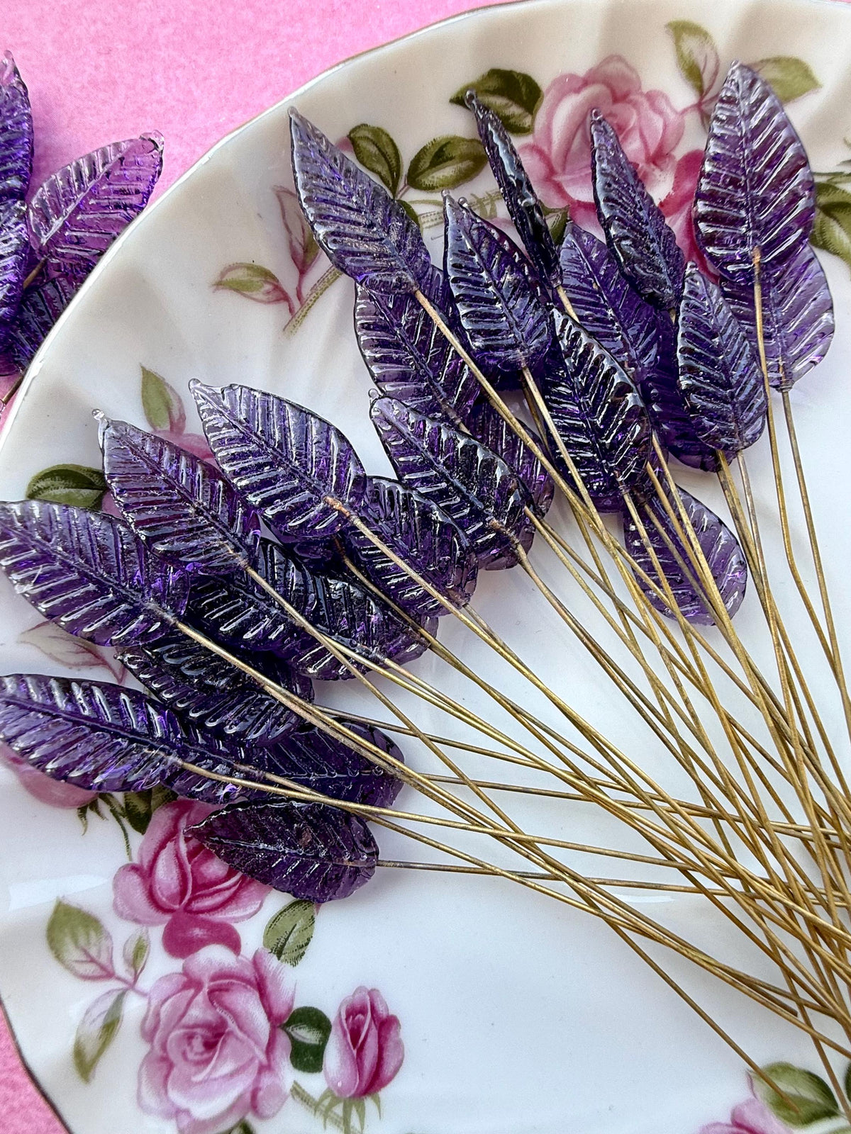 25 Purple Nebula Glass Leaf Headpins on Raw Brass Wire, Vintage-Inspired Floral Jewelry Findings, Wired Leaves for Crafts