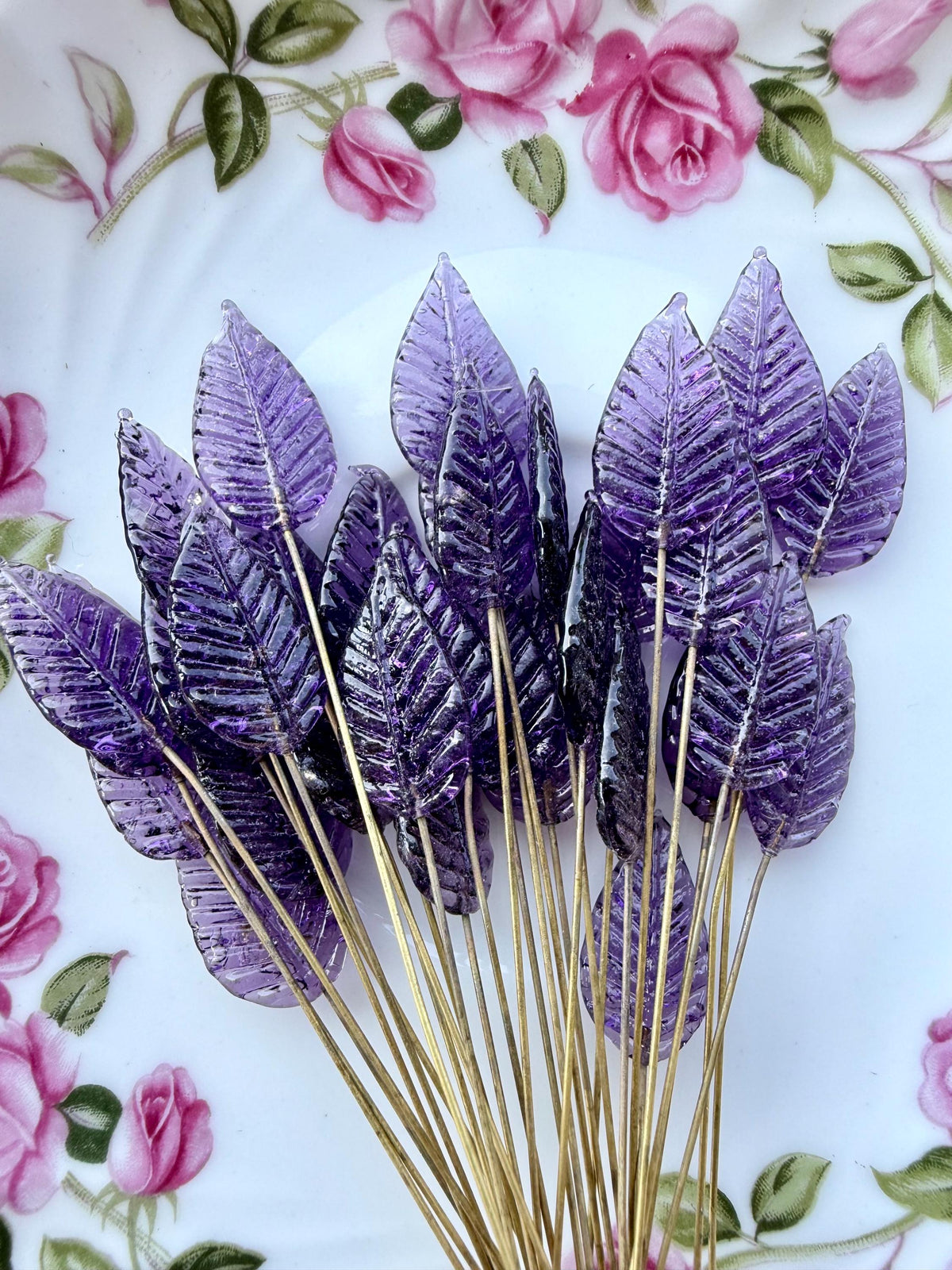 25 Purple Nebula Glass Leaf Headpins on Raw Brass Wire, Vintage-Inspired Floral Jewelry Findings, Wired Leaves for Crafts