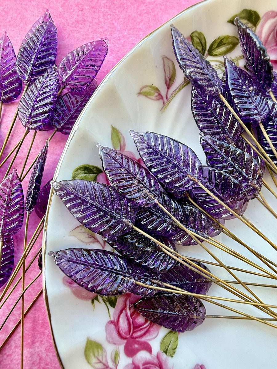 25 Purple Nebula Glass Leaf Headpins on Raw Brass Wire, Vintage-Inspired Floral Jewelry Findings, Wired Leaves for Crafts
