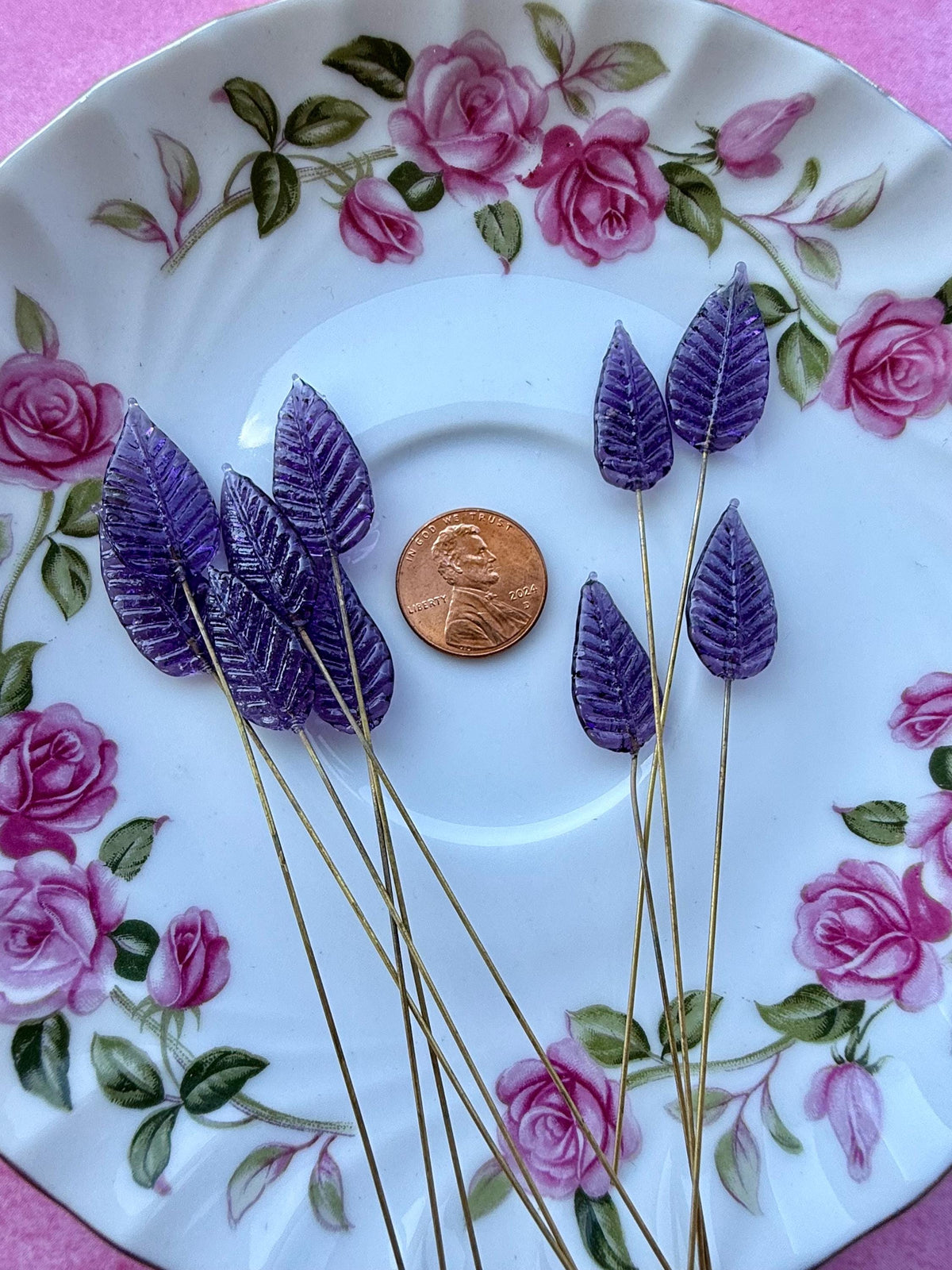 25 Purple Nebula Glass Leaf Headpins on Raw Brass Wire, Vintage-Inspired Floral Jewelry Findings, Wired Leaves for Crafts