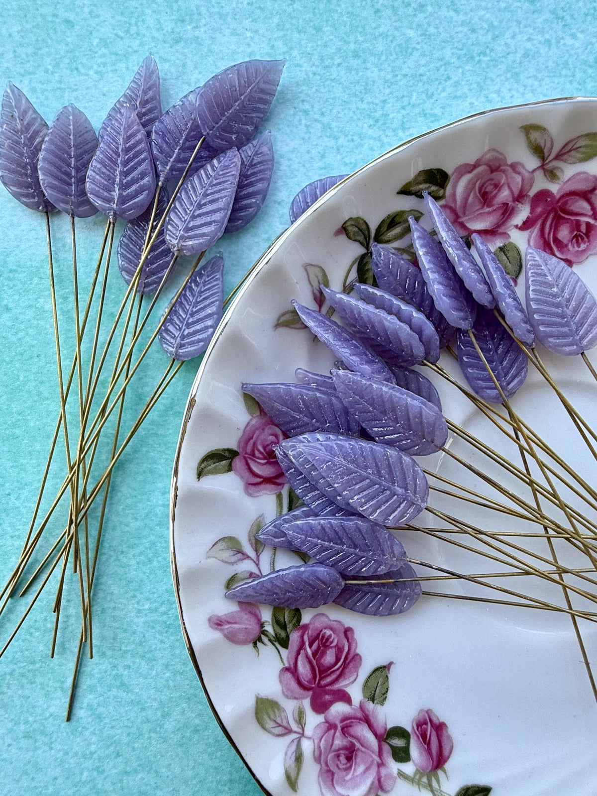 25 Lunar Lilac Glass Leaf Headpins on Raw Brass Wire, Vintage-Inspired Floral Jewelry Findings, Wired Leaves for Crafts