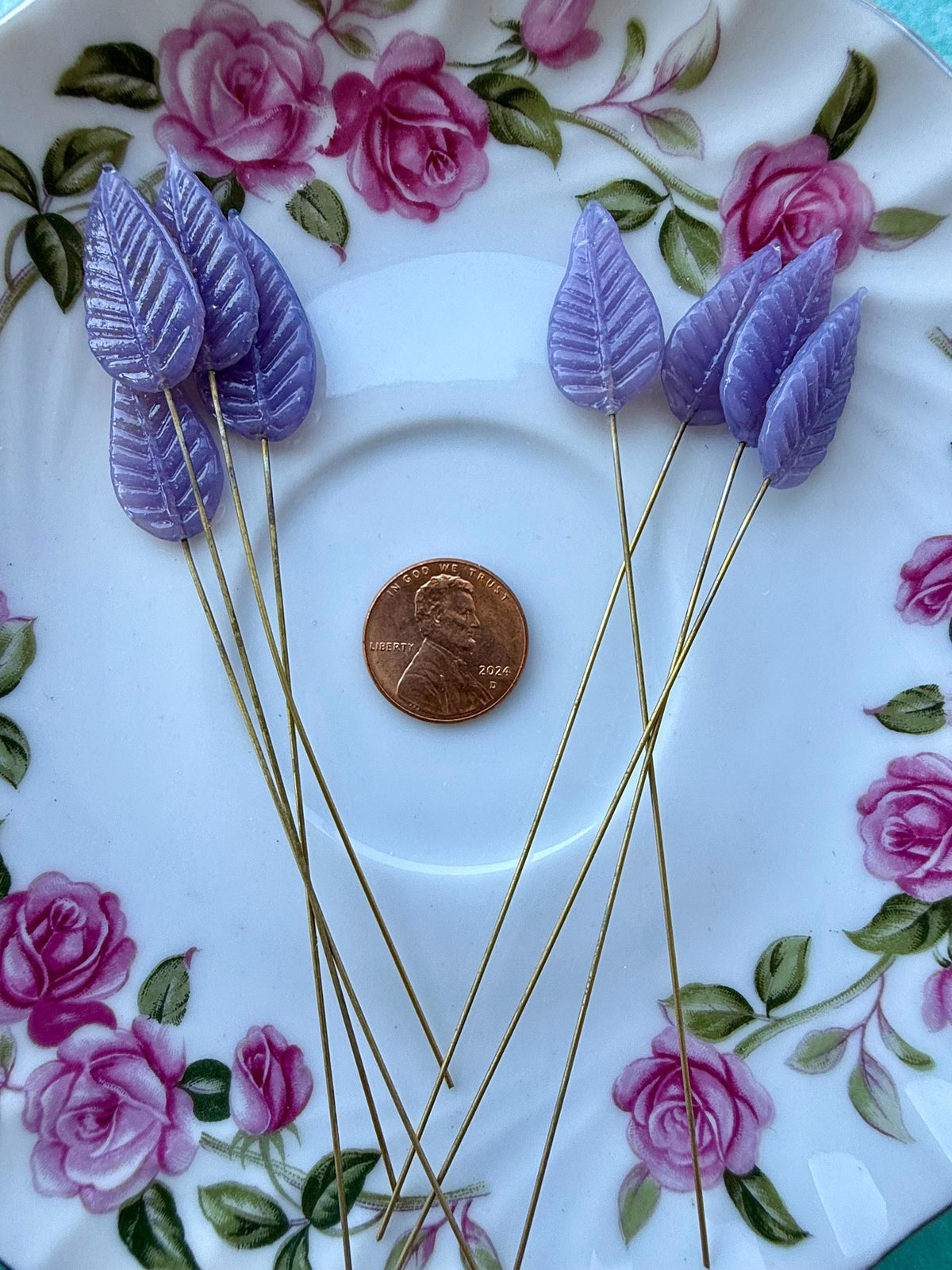 25 Lunar Lilac Glass Leaf Headpins on Raw Brass Wire, Vintage-Inspired Floral Jewelry Findings, Wired Leaves for Crafts