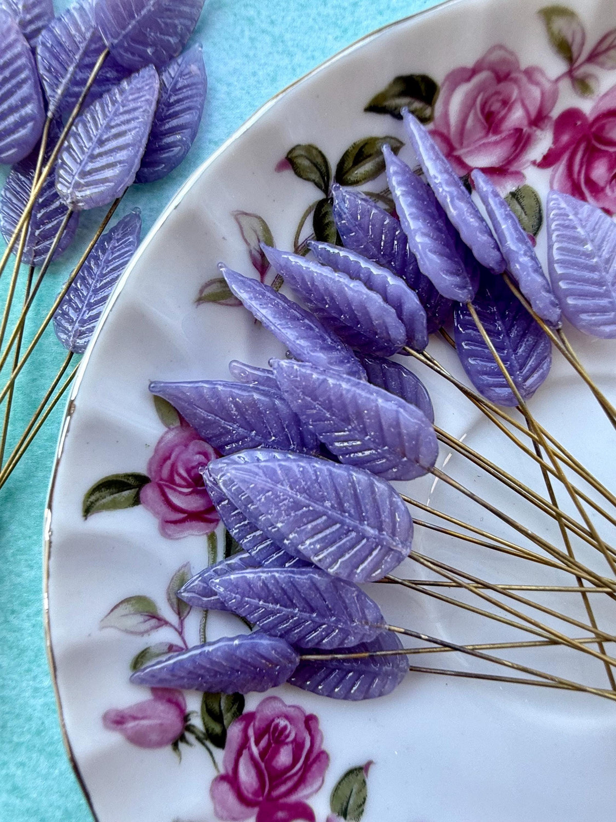 25 Lunar Lilac Glass Leaf Headpins on Raw Brass Wire, Vintage-Inspired Floral Jewelry Findings, Wired Leaves for Crafts