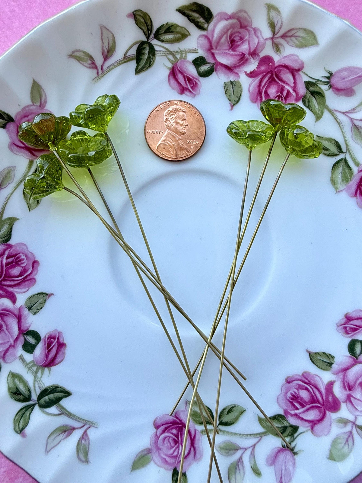 25 Solar Moss Glass Flower Headpins on Raw Brass Wire, Vintage-Inspired Floral Jewelry Findings, Wired Flowers for Crafts