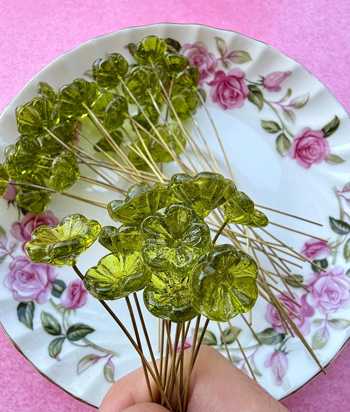 25 Solar Moss Glass Flower Headpins on Raw Brass Wire, Vintage-Inspired Floral Jewelry Findings, Wired Flowers for Crafts