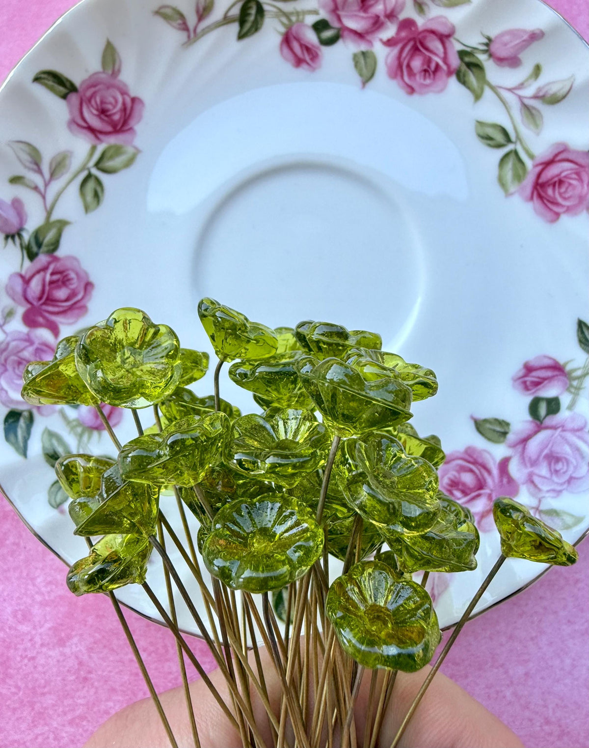 25 Solar Moss Glass Flower Headpins on Raw Brass Wire, Vintage-Inspired Floral Jewelry Findings, Wired Flowers for Crafts