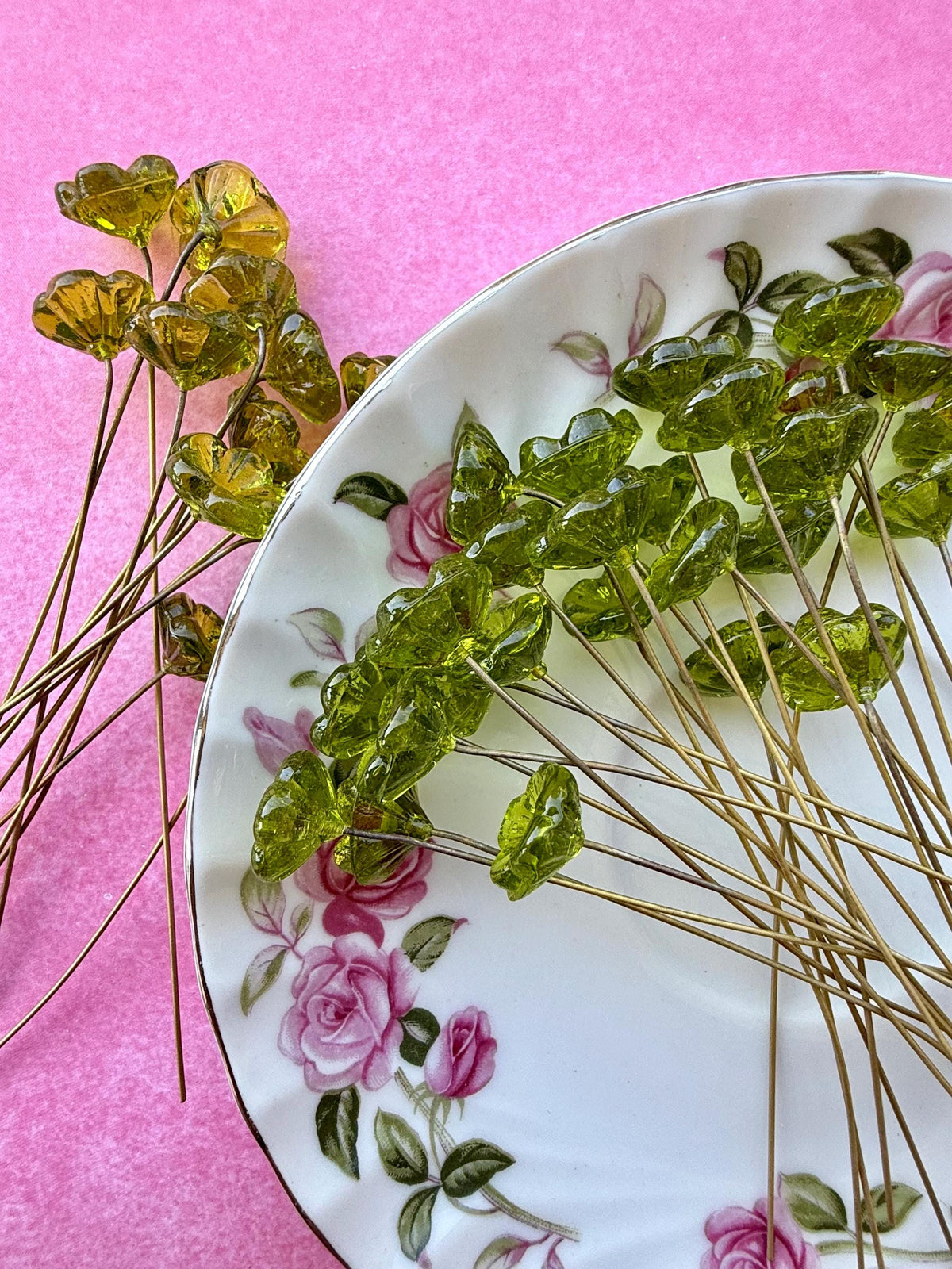 25 Solar Moss Glass Flower Headpins on Raw Brass Wire, Vintage-Inspired Floral Jewelry Findings, Wired Flowers for Crafts