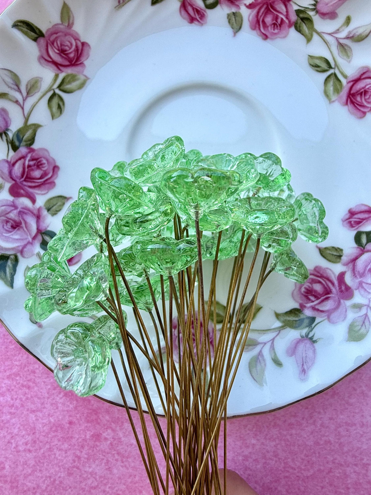 25 Fairy Glow Green Glass Flower Headpins on Raw Brass Wire, Vintage-Inspired Floral Jewelry Findings, Wired Flowers for Crafts