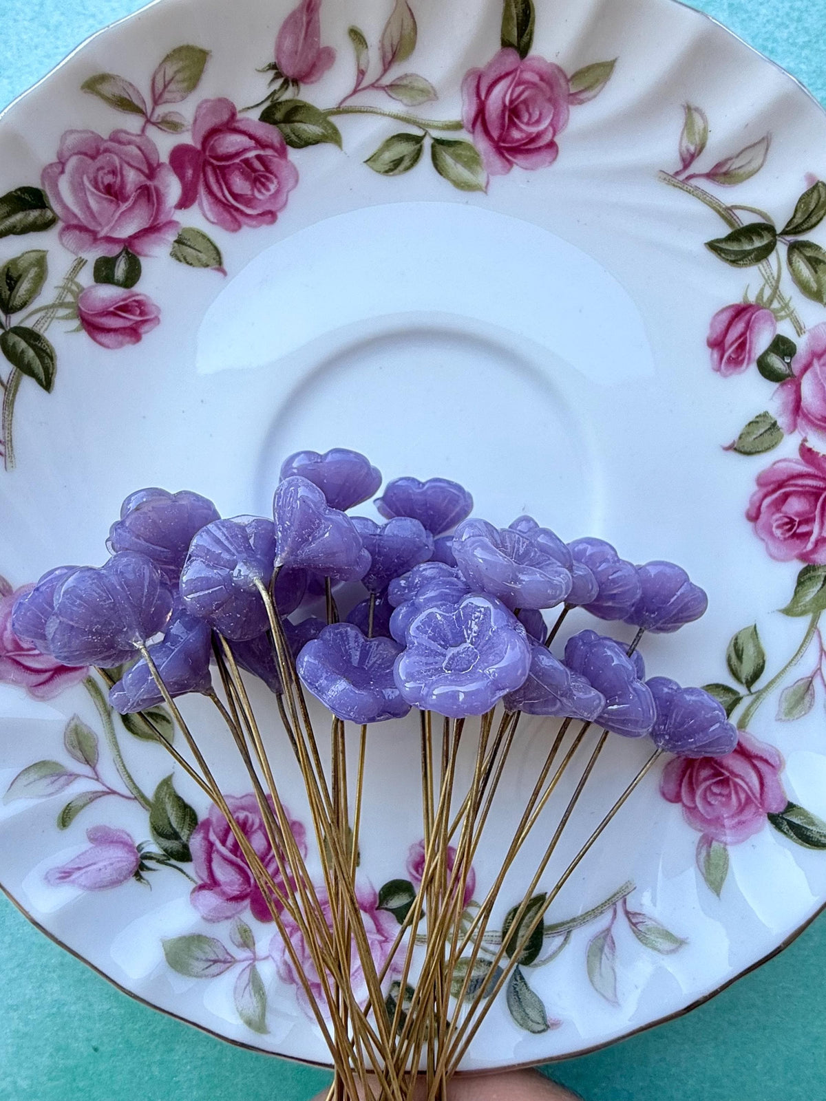 25 Lunar Lilac Glass Flower Headpins on Raw Brass Wire, Vintage-Inspired Floral Jewelry Findings, Wired Flowers for Crafts