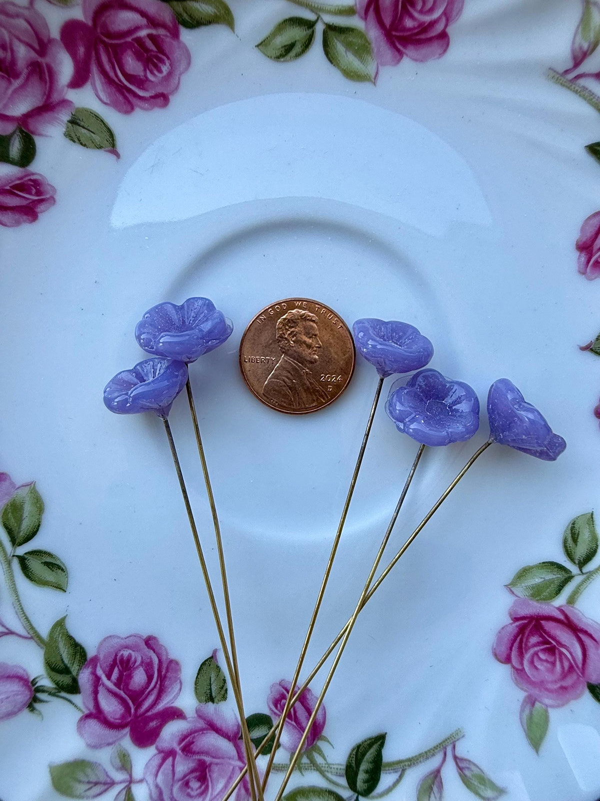 25 Lunar Lilac Glass Flower Headpins on Raw Brass Wire, Vintage-Inspired Floral Jewelry Findings, Wired Flowers for Crafts