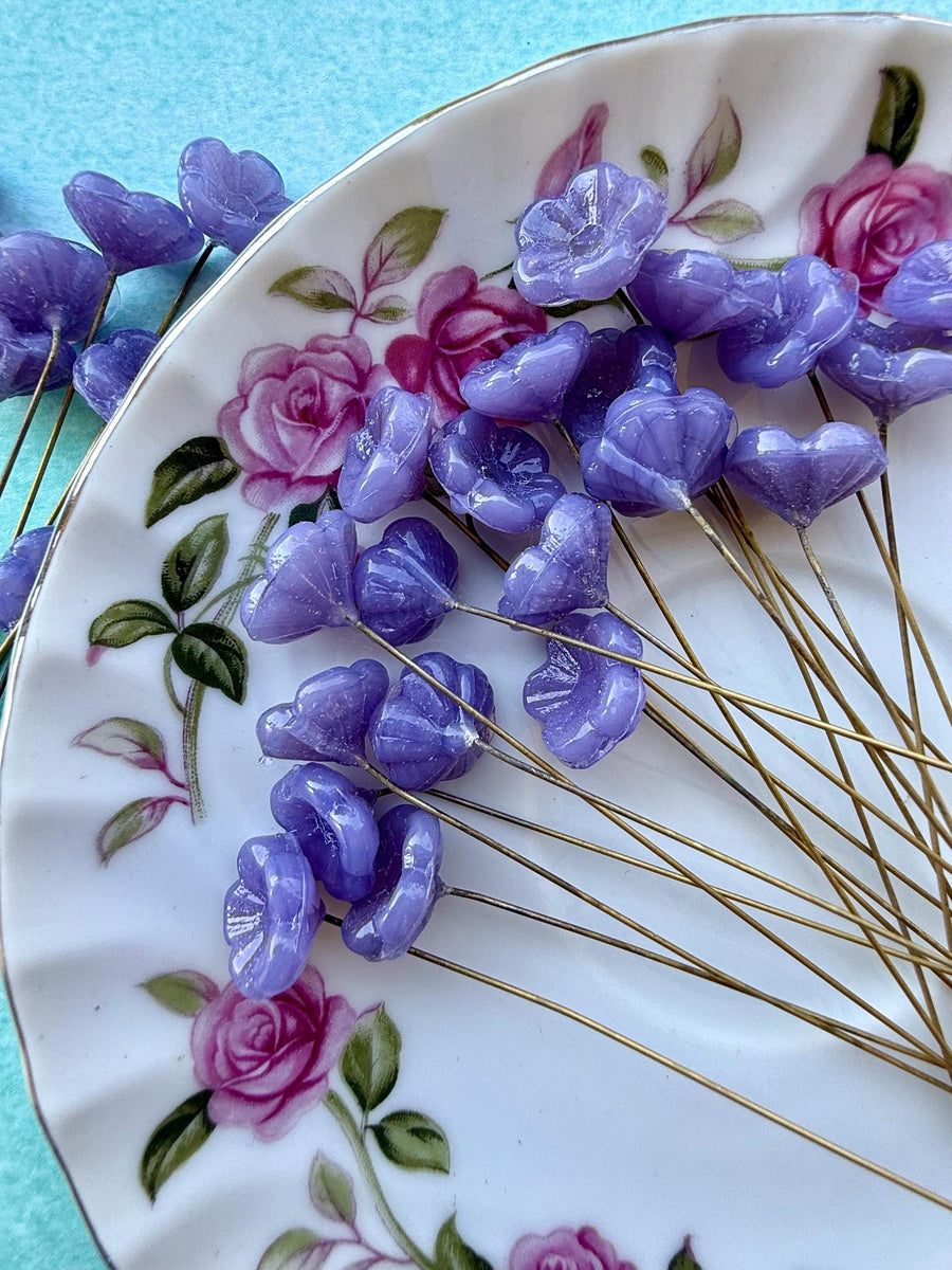 25 Lunar Lilac Glass Flower Headpins on Raw Brass Wire, Vintage-Inspired Floral Jewelry Findings, Wired Flowers for Crafts