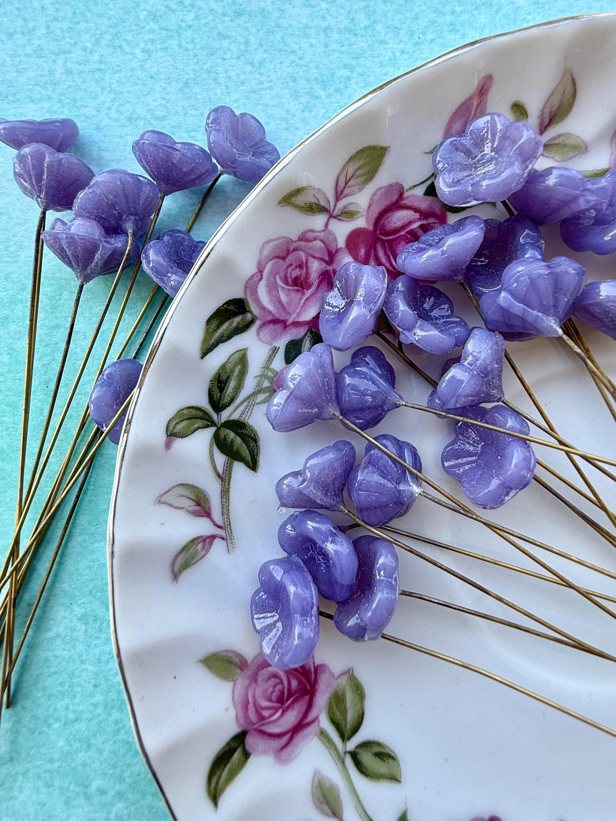 25 Lunar Lilac Glass Flower Headpins on Raw Brass Wire, Vintage-Inspired Floral Jewelry Findings, Wired Flowers for Crafts