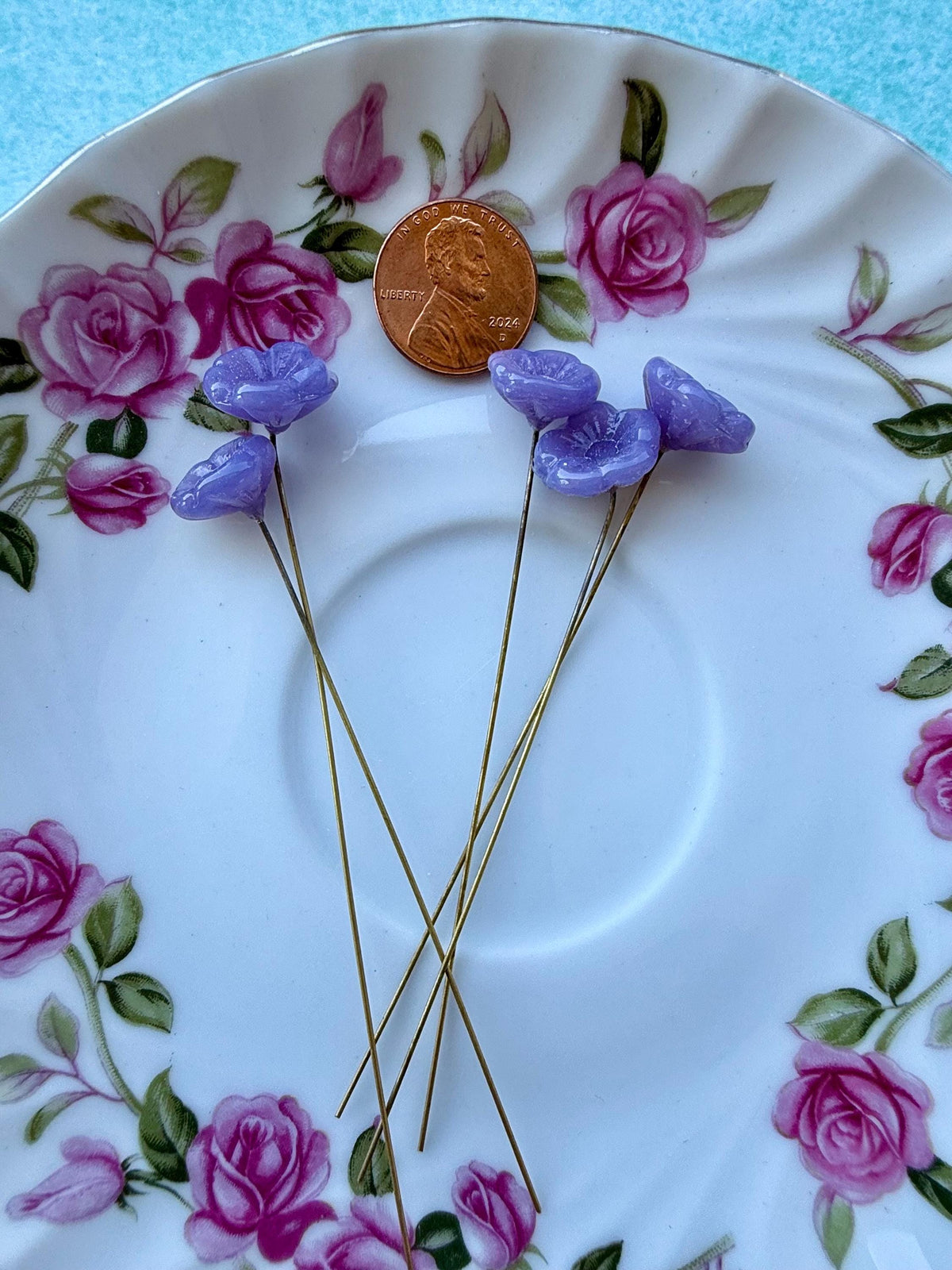 25 Lunar Lilac Glass Flower Headpins on Raw Brass Wire, Vintage-Inspired Floral Jewelry Findings, Wired Flowers for Crafts