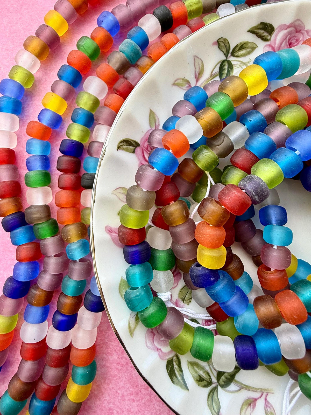 24" Frosted Gumdrop Glass Bead Strand | Glass Roller/Crow Bead Strands for Jewelry Making