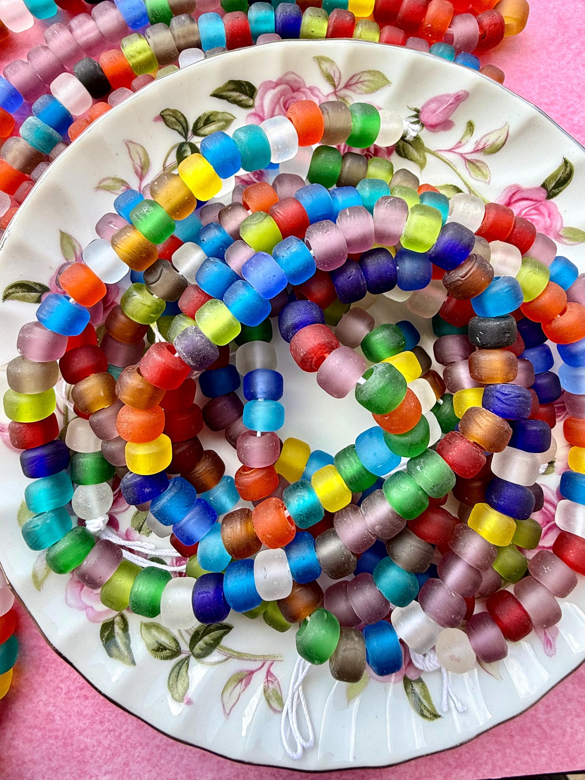 24" Frosted Gumdrop Glass Bead Strand | Glass Roller/Crow Bead Strands for Jewelry Making