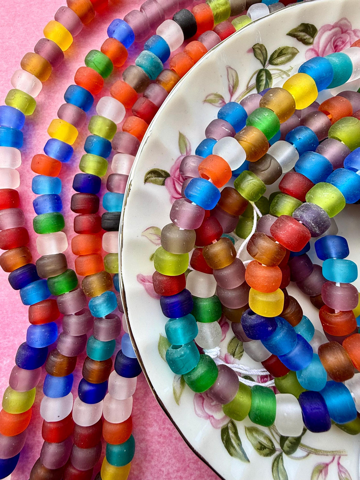 24" Frosted Gumdrop Glass Bead Strand | Glass Roller/Crow Bead Strands for Jewelry Making
