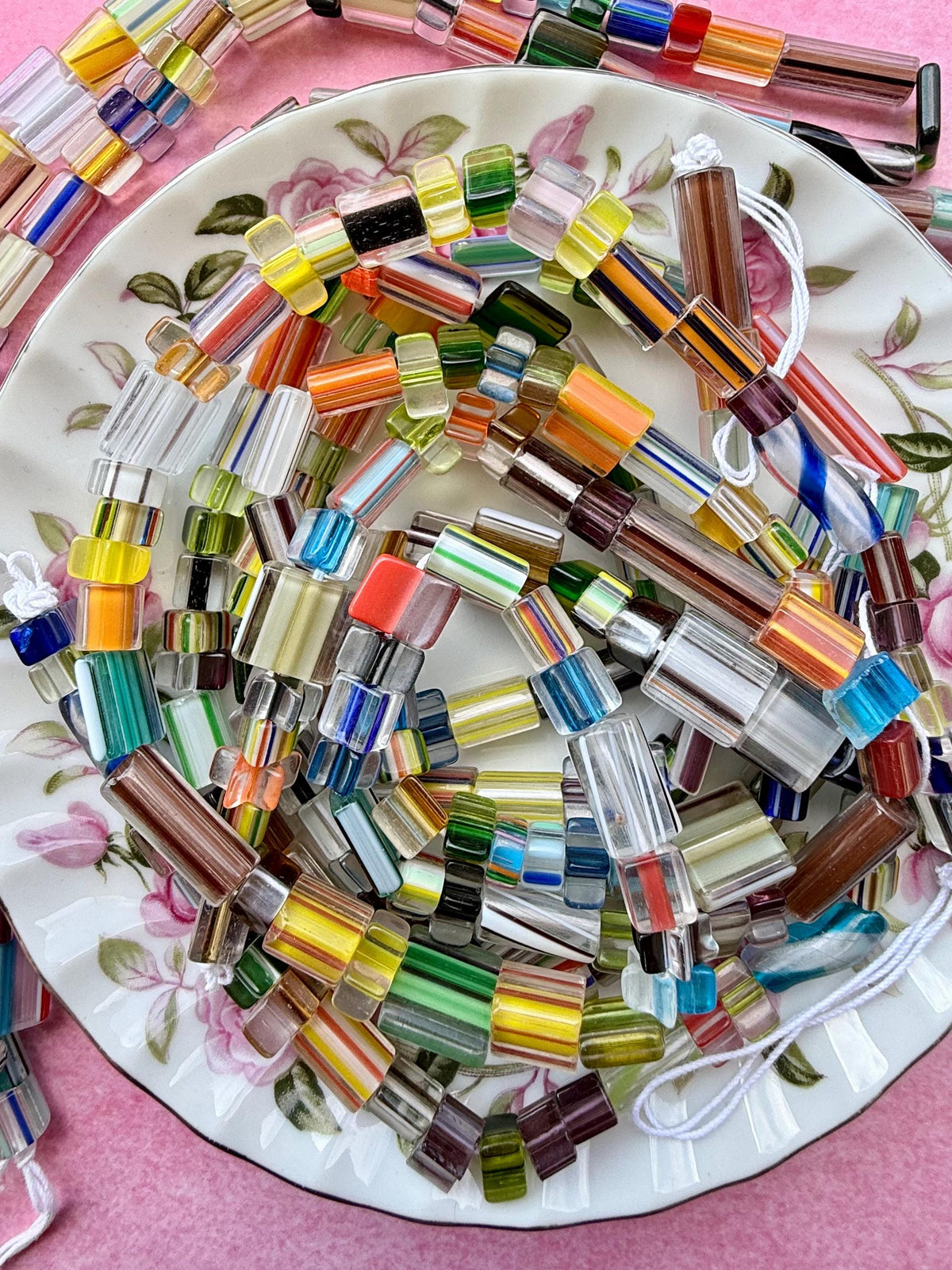 24”  Ribbon Candy Cane Glass Beads – 6–15mm Mixed Striped Rectangle and Tube Beads – Colorful Glass Bead Strand