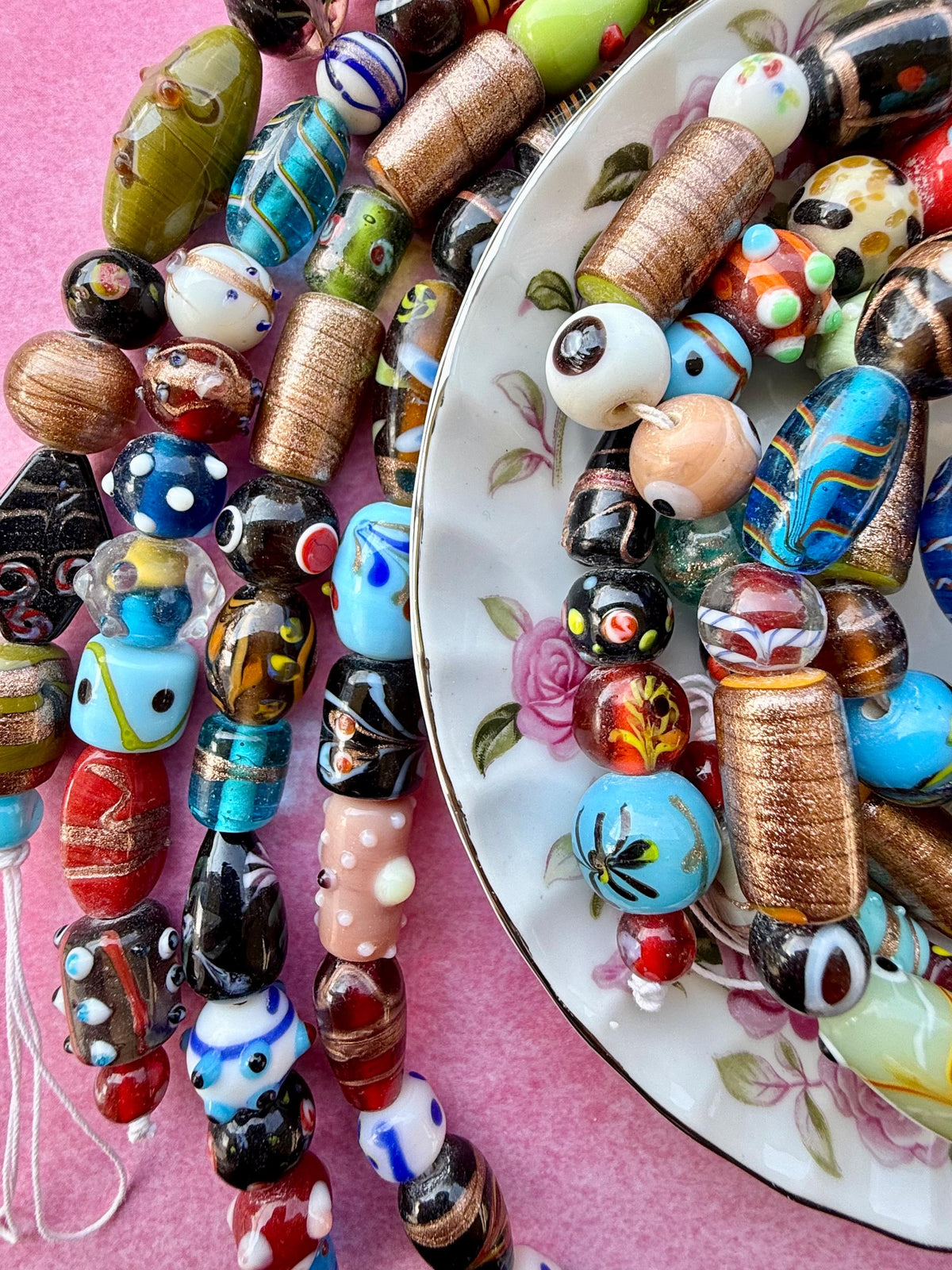 24”  Artisan Oddities – Large Mixed Glass Lampwork Bead Strand – Unique 10–20mm Assorted Bead Strands