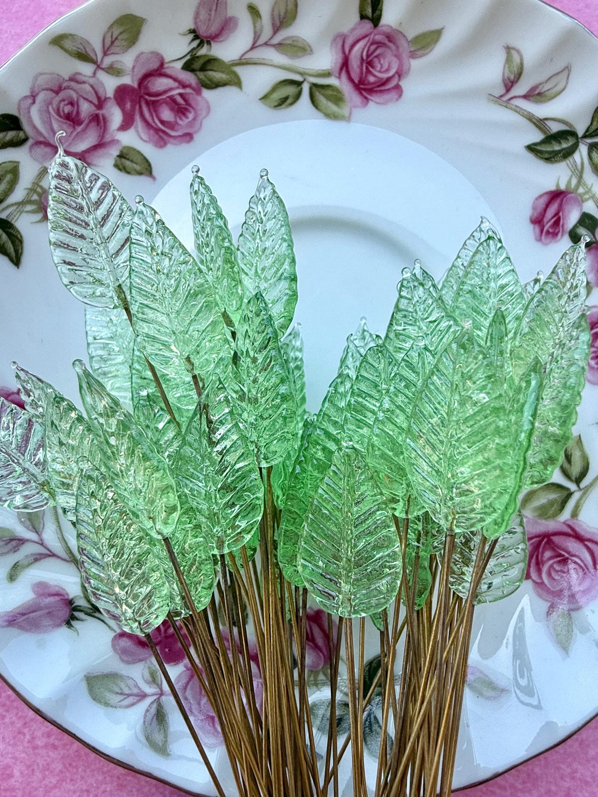 25 Fairy Glow Green Glass Leaf Headpins on Raw Brass Wire, Vintage-Inspired Floral Jewelry Findings, Wired Flowers for Crafts