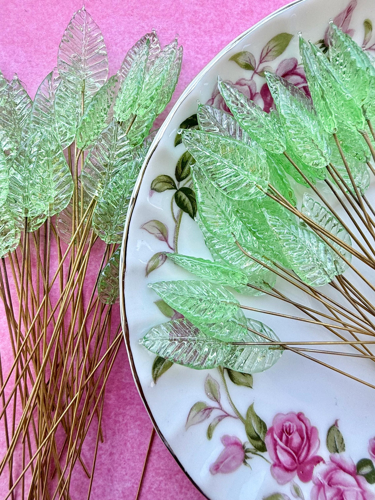 25 Fairy Glow Green Glass Leaf Headpins on Raw Brass Wire, Vintage-Inspired Floral Jewelry Findings, Wired Flowers for Crafts