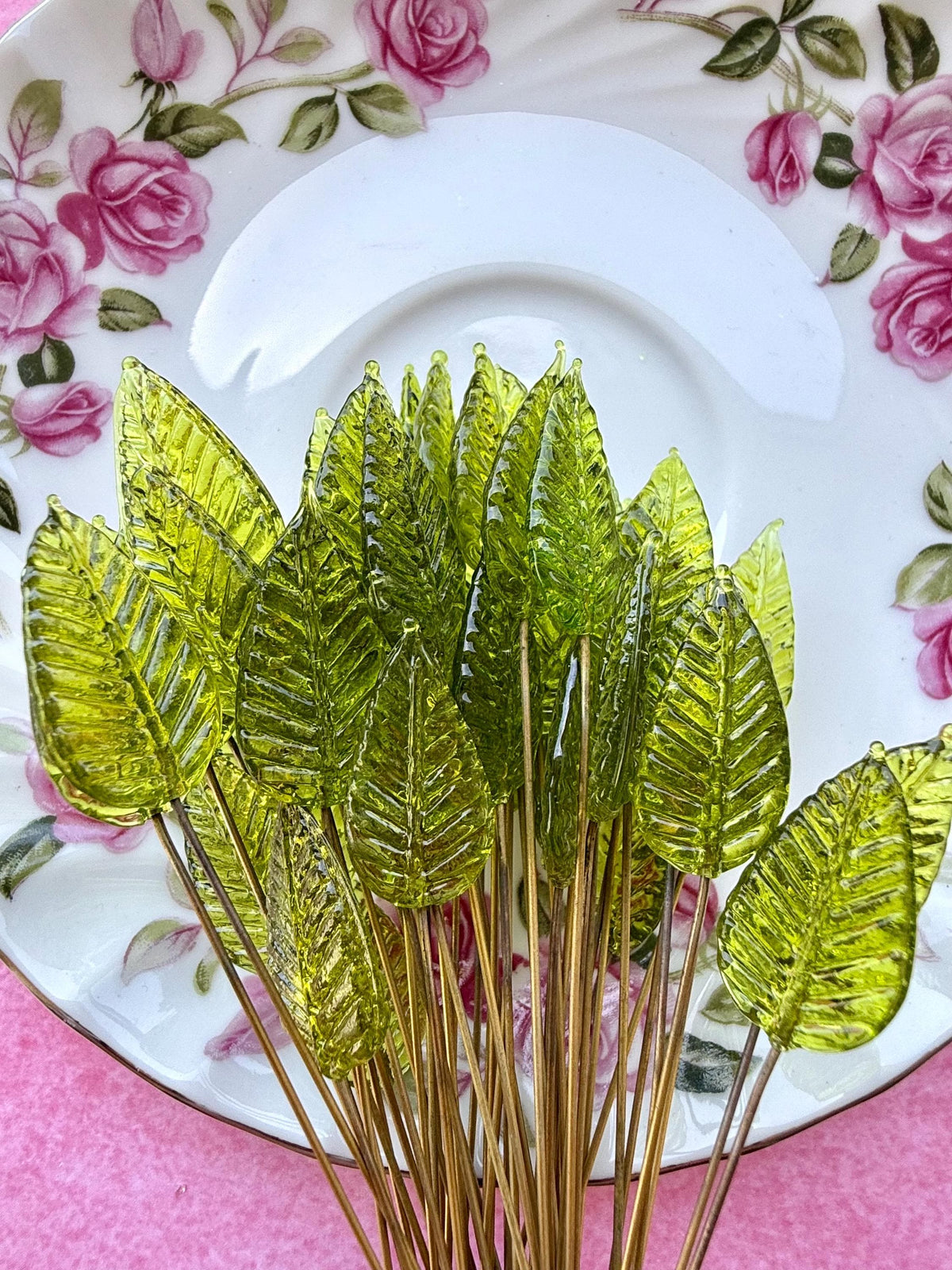25 Solar Moss Glass Leaf Headpins on Raw Brass Wire, Vintage-Inspired Floral Jewelry Findings, Wired Flowers for Crafts